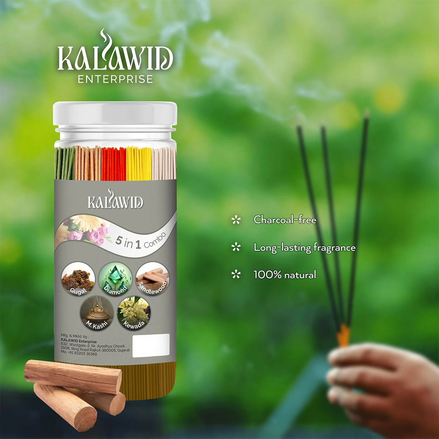 Premium Agarbatti 5 In 1 Combo with Gugal, Diamond, Sandalwood, Masalakashi, Kewada Fragrances for Long Lasting Aroma (400 Gm) - Image 2