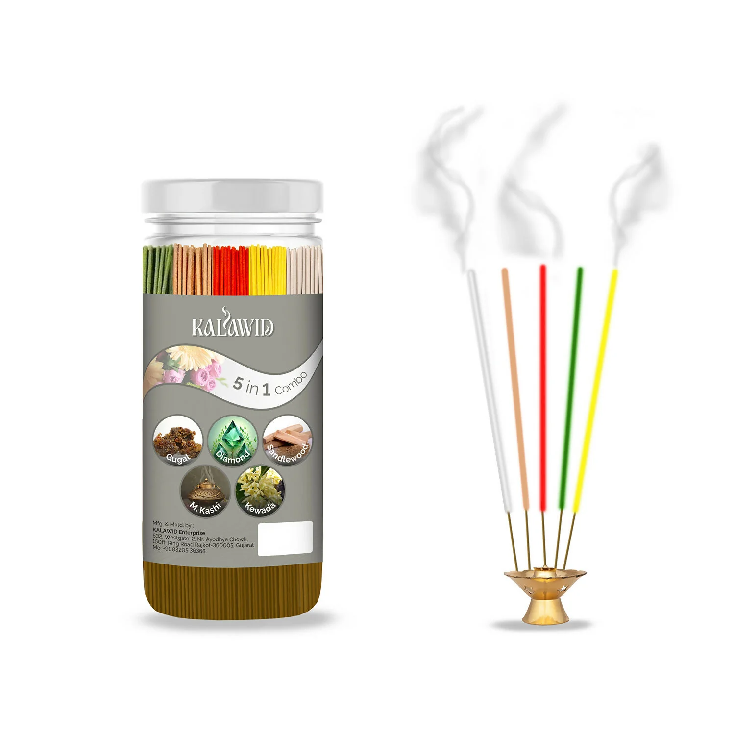 Premium Agarbatti 5 In 1 Combo with Gugal, Diamond, Sandalwood, Masalakashi, Kewada Fragrances for Long Lasting Aroma (400 Gm) - Image 5