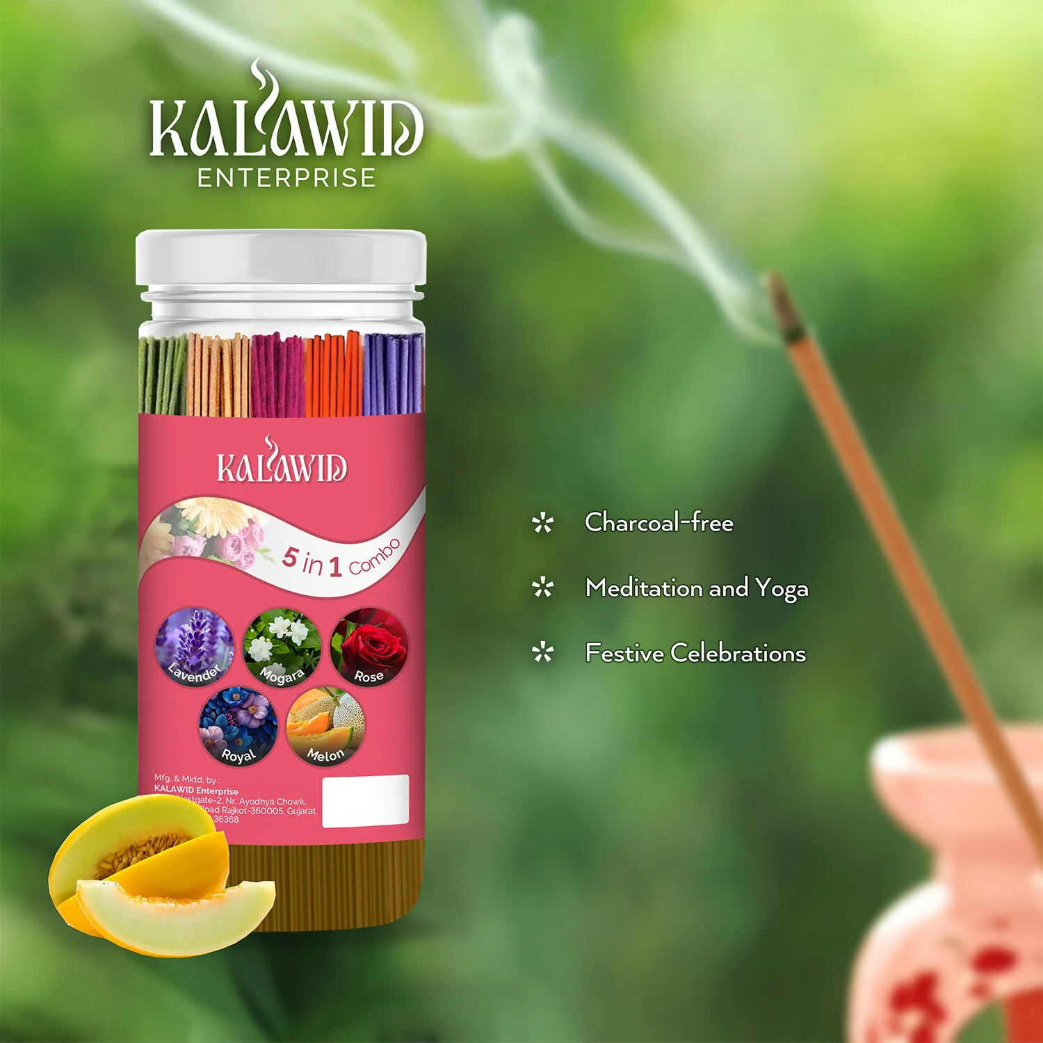 Premium Agarbatti 5 In 1 Combo with Lavender, Mogara, Rose, Royal, Melon Fragrances for Long Lasting Aroma (400 Gm) - Image 3