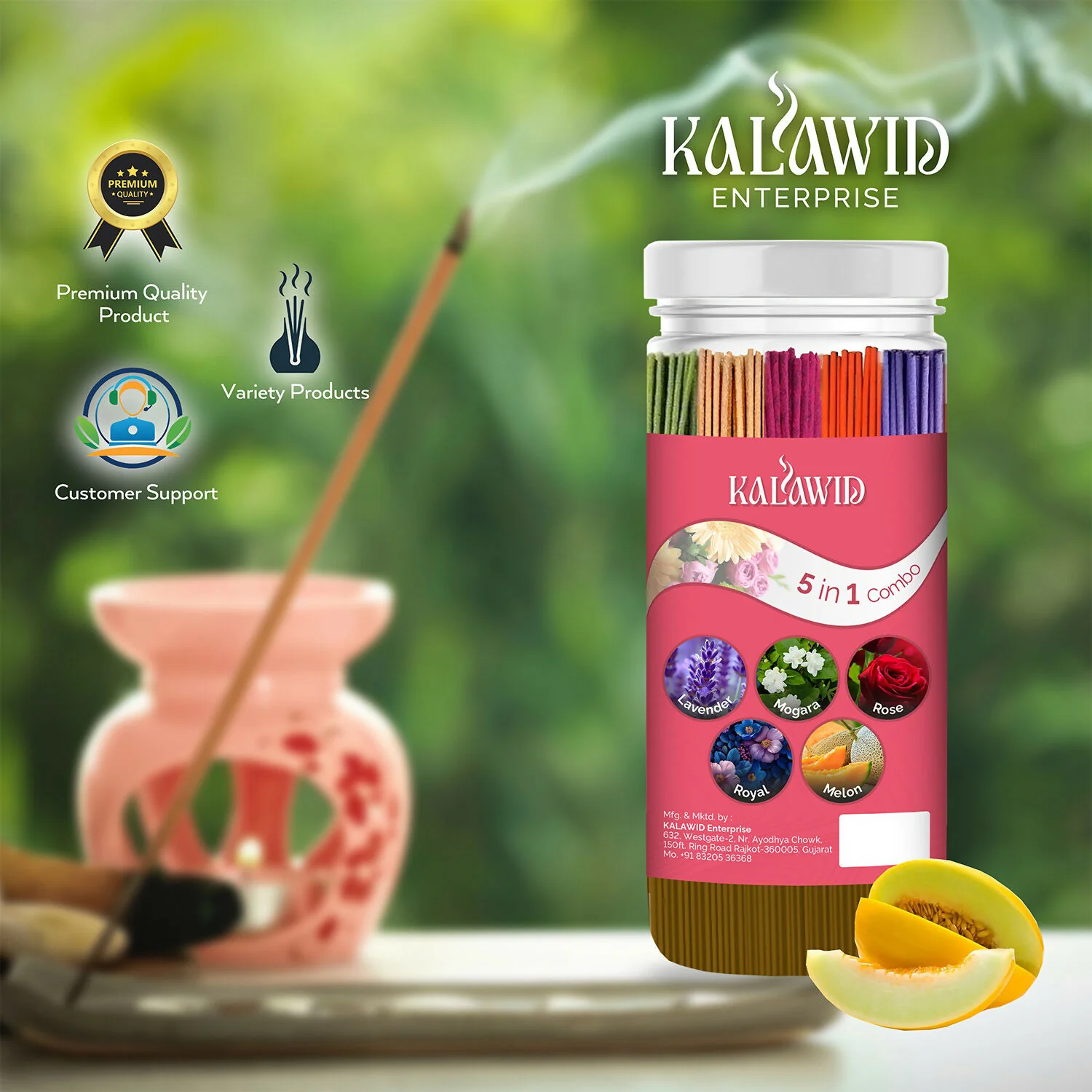 Premium Agarbatti 5 In 1 Combo with Lavender, Mogara, Rose, Royal, Melon Fragrances for Long Lasting Aroma (400 Gm) - Image 4