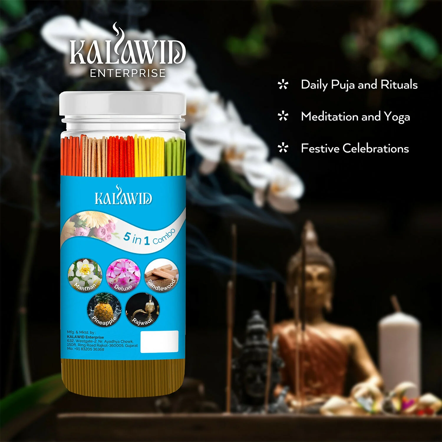 Premium Agarbatti 5 In 1 Combo with Manthan, Deluxe, Sandalwood, Pineapple, Rajwadi Fragrances for Daily Pooja & Relaxation (400 Gm) - Image 4
