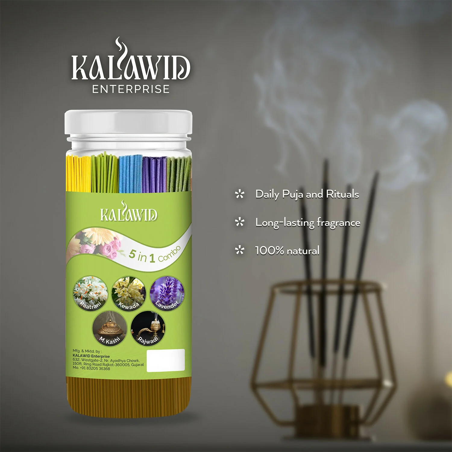 Premium Agarbatti 5 In 1 Combo with Raatrani, Kewada, Lavender, Masalakashi, Rajwadi Fragrances for Long Lasting Aroma (400 Gm) - Image 2