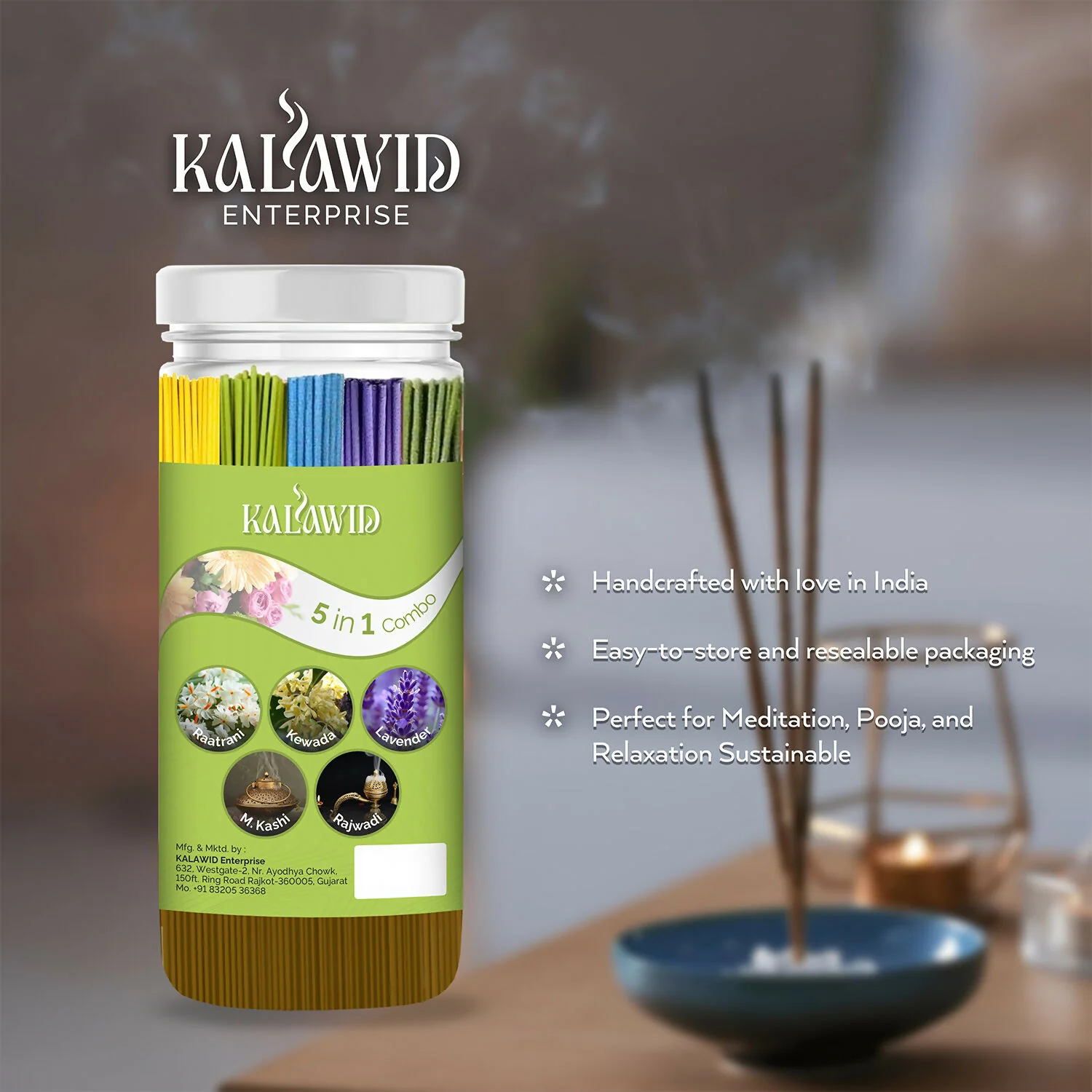 Premium Agarbatti 5 In 1 Combo with Raatrani, Kewada, Lavender, Masalakashi, Rajwadi Fragrances for Long Lasting Aroma (400 Gm) - Image 3