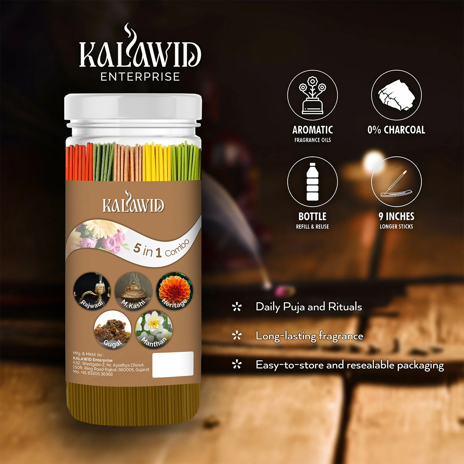Premium Agarbatti 5 In 1 Combo with Rajwadi, Masalakashi, Heritage, Gugal, Manthan Fragrances for Long Lasting Aroma (400 Gm) - Image 3