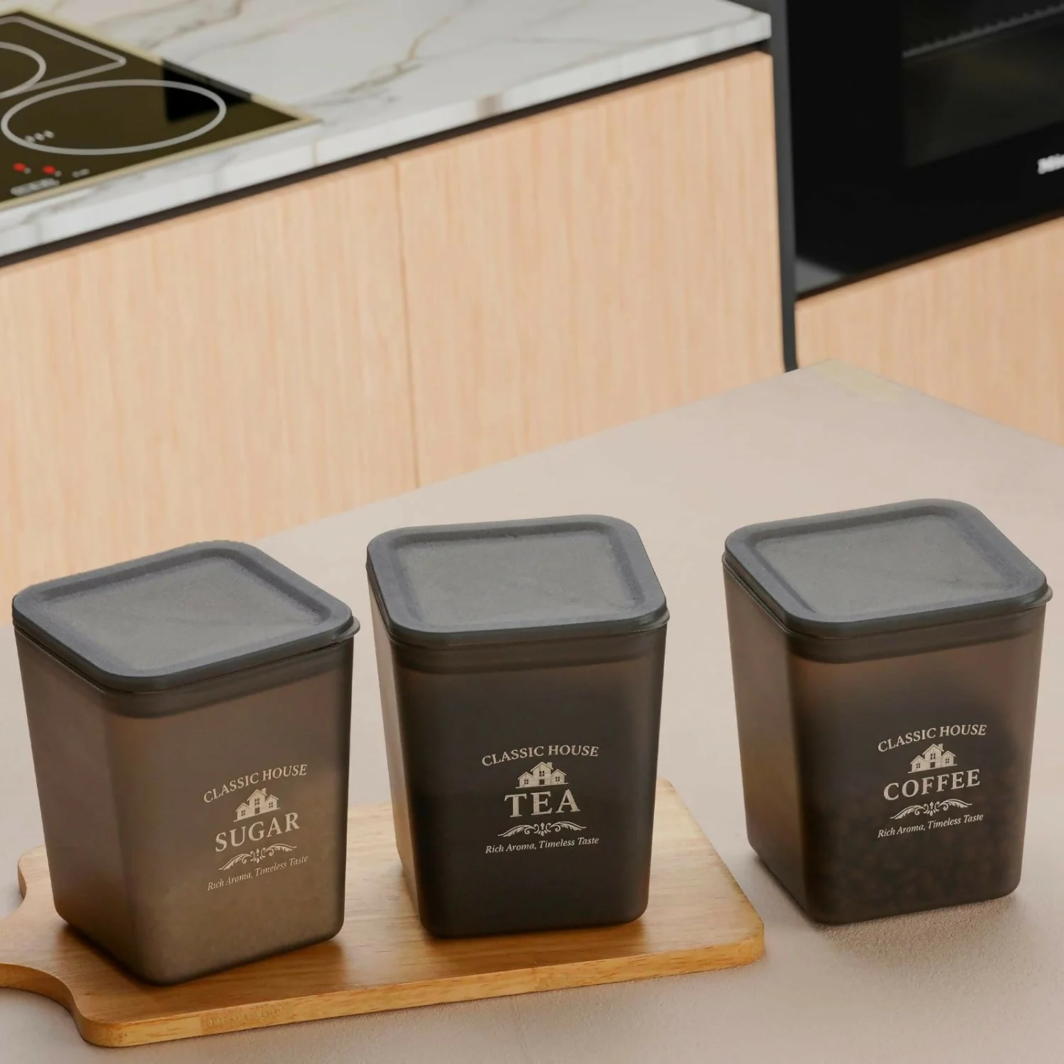 Premium Airtight Tea Coffee Sugar Storage Container Set Plastic Kitchen Jars Black Finish (Pack of 3 Pc) - Image 3
