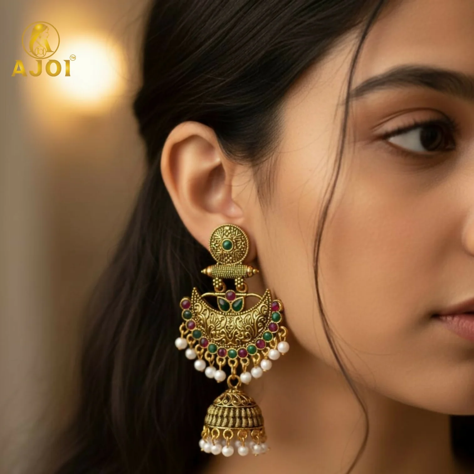 Premium Antique Gold Chandbali Jhumka Earrings - Image 2