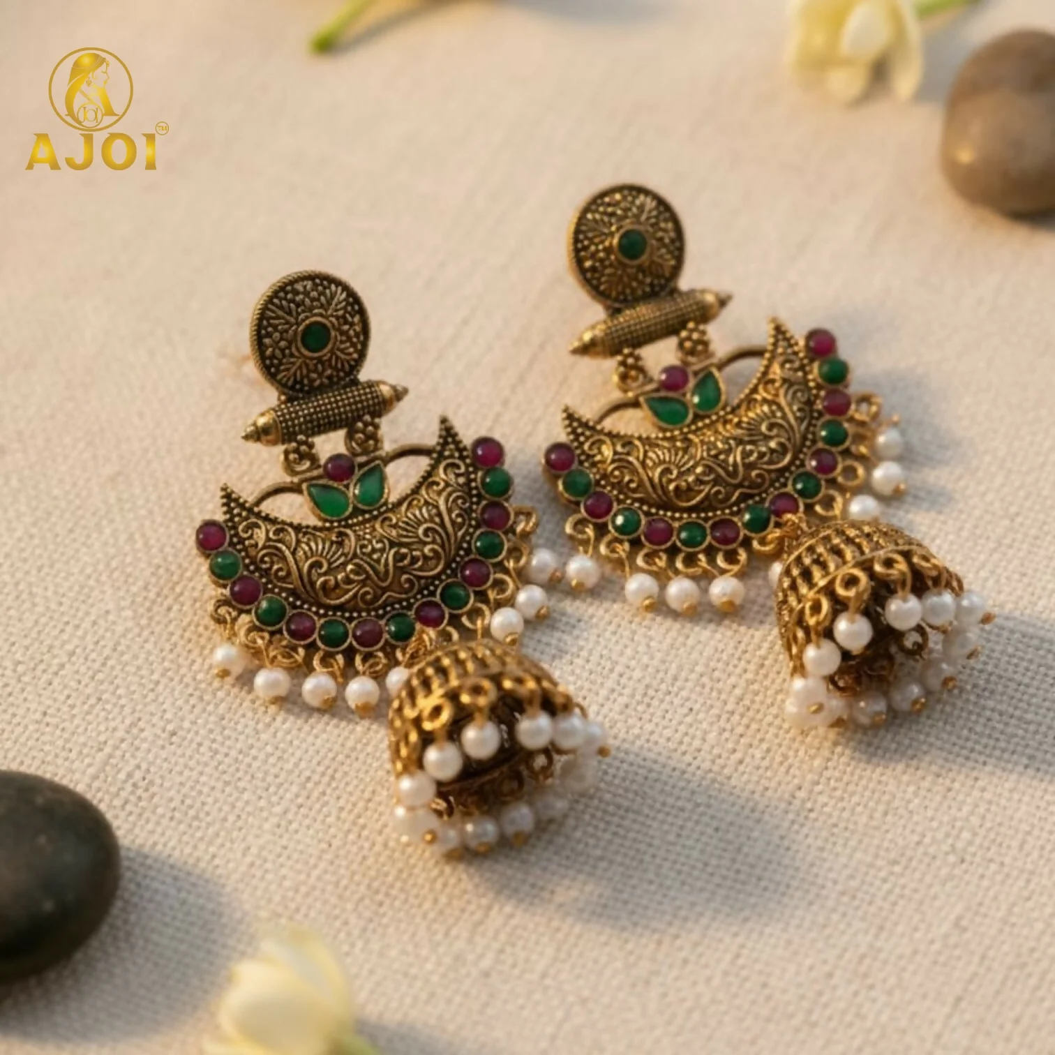 Premium Antique Gold Chandbali Jhumka Earrings - Image 3