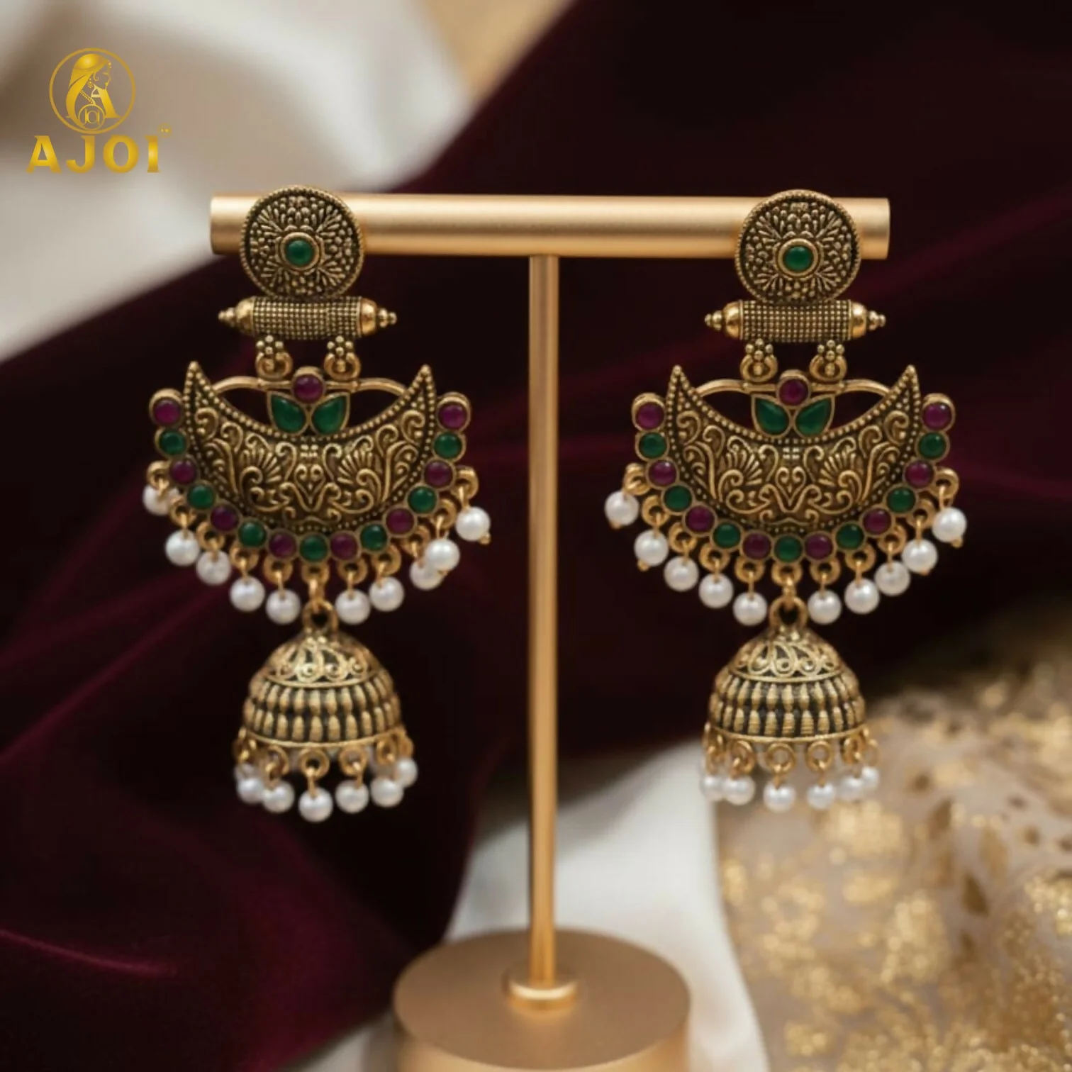 Premium Antique Gold Chandbali Jhumka Earrings - Image 4
