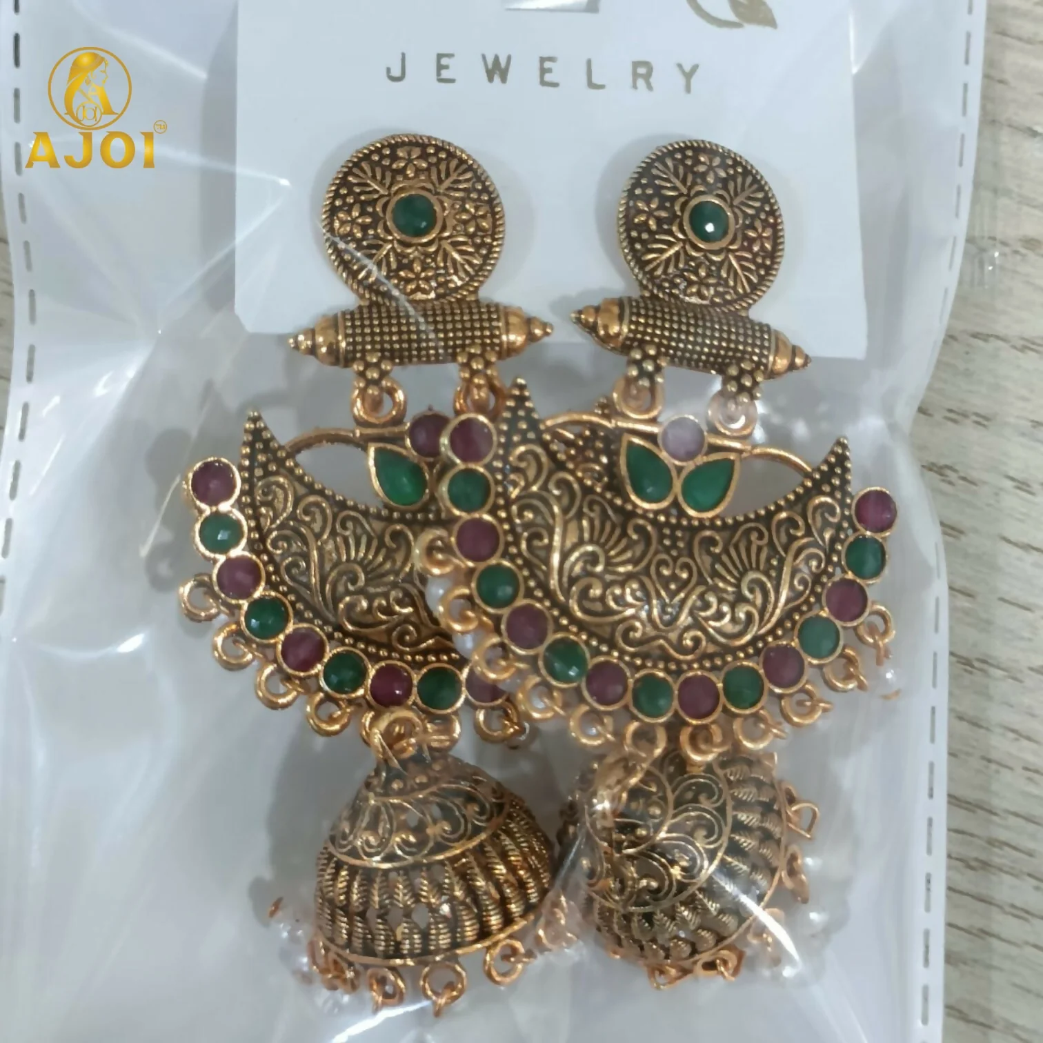 Premium Antique Gold Chandbali Jhumka Earrings - Image 5