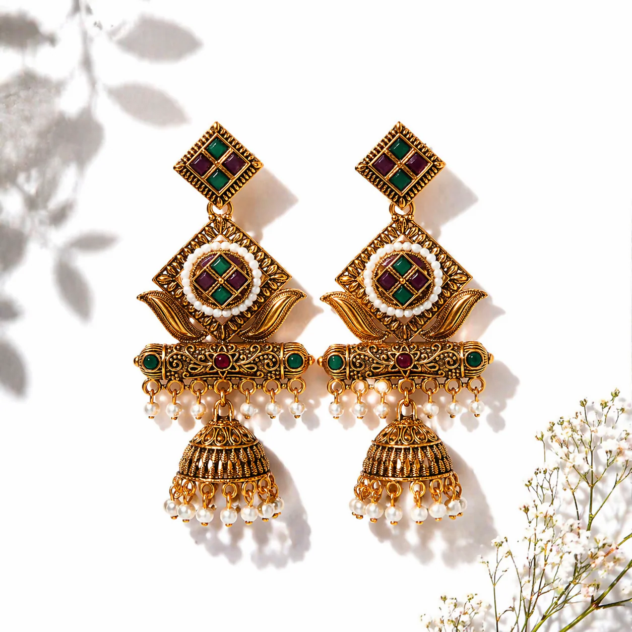 Premium Antique Gold-Plated Geometric Stone & Pearl Jhumka Earrings - Image 2