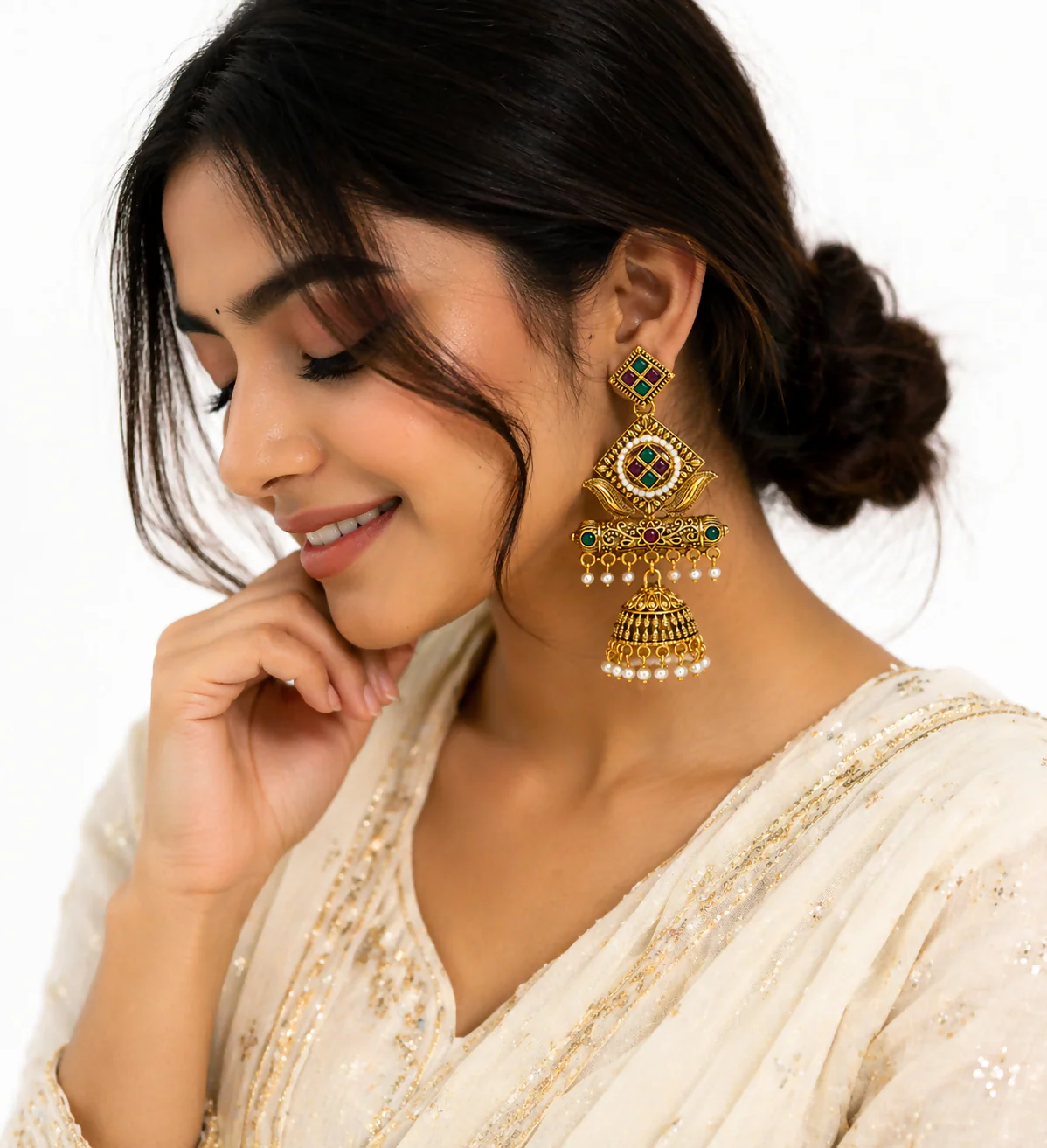 Premium Antique Gold-Plated Geometric Stone & Pearl Jhumka Earrings - Image 3