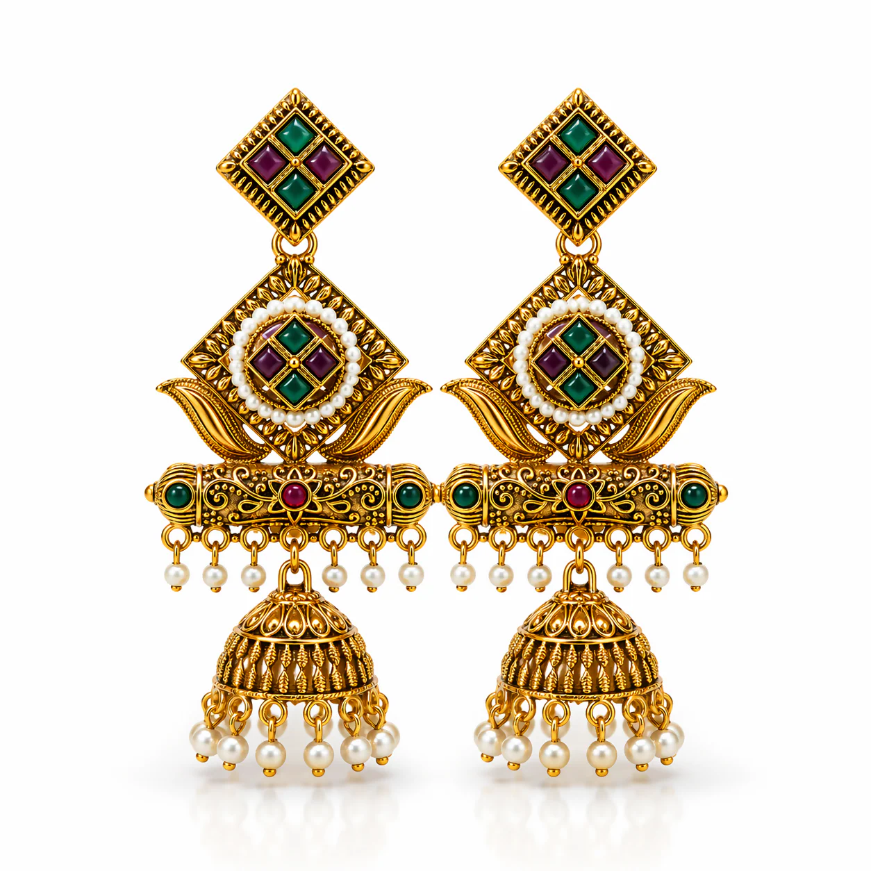 Premium Antique Gold-Plated Geometric Stone & Pearl Jhumka Earrings - Image 4