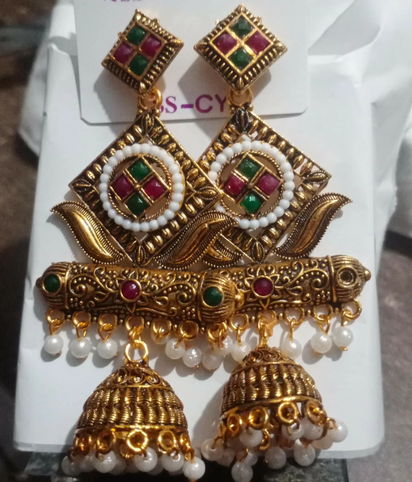Premium Antique Gold-Plated Geometric Stone & Pearl Jhumka Earrings - Image 5