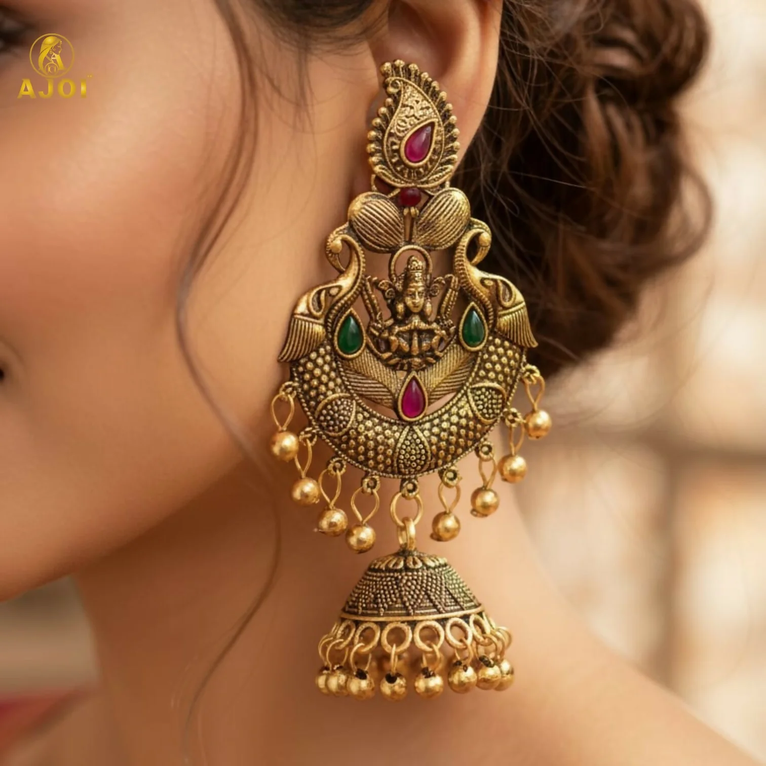 Premium Antique Gold Plated Temple Jhumka Earrings with Lakshmi Motif & Stone Work - Image 2