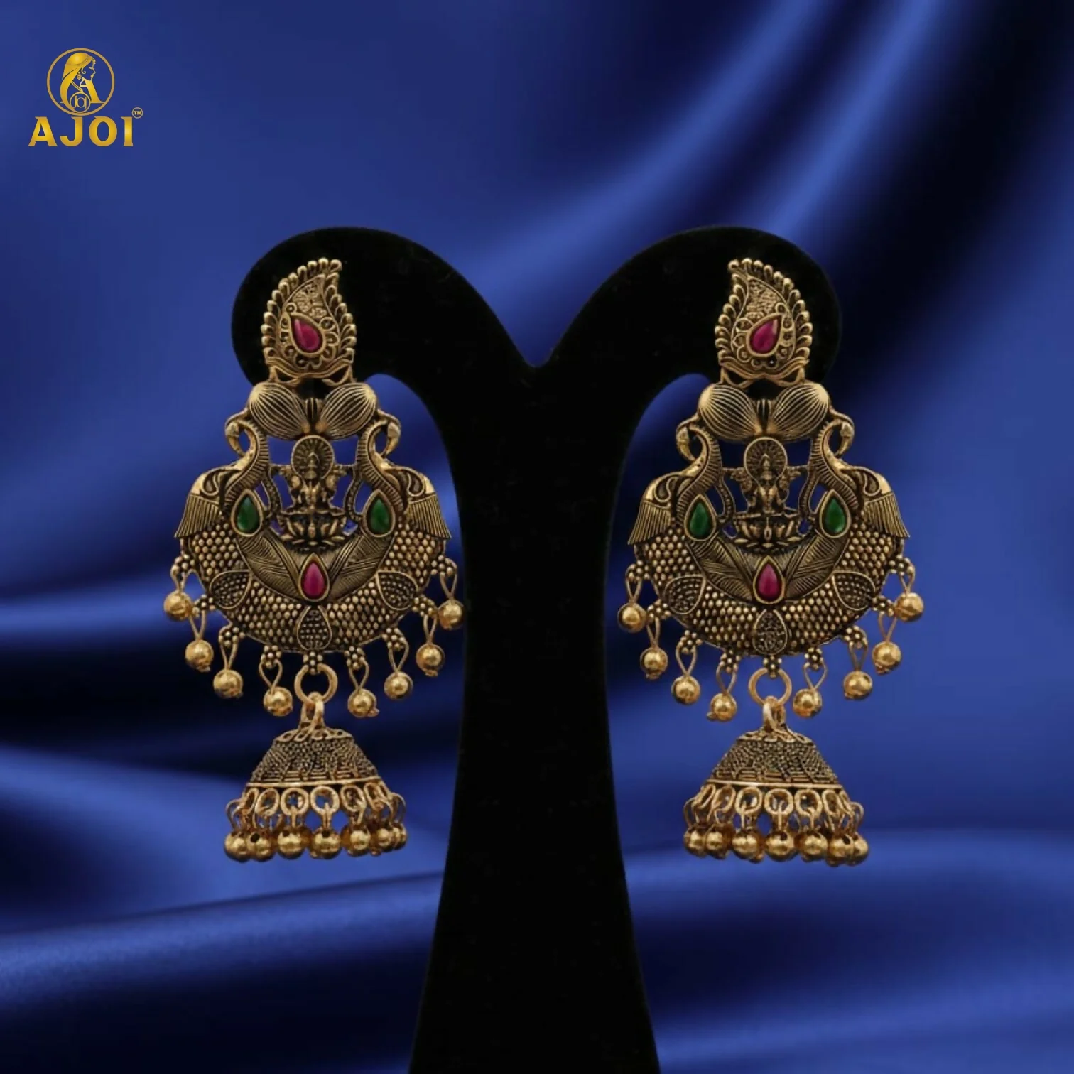 Premium Antique Gold Plated Temple Jhumka Earrings with Lakshmi Motif & Stone Work - Image 3