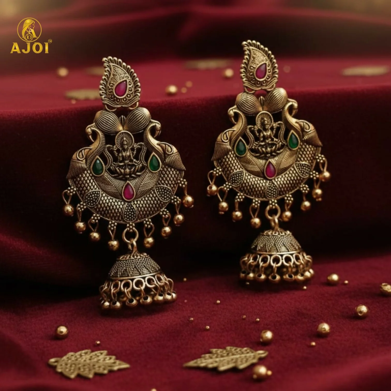 Premium Antique Gold Plated Temple Jhumka Earrings with Lakshmi Motif & Stone Work - Image 4