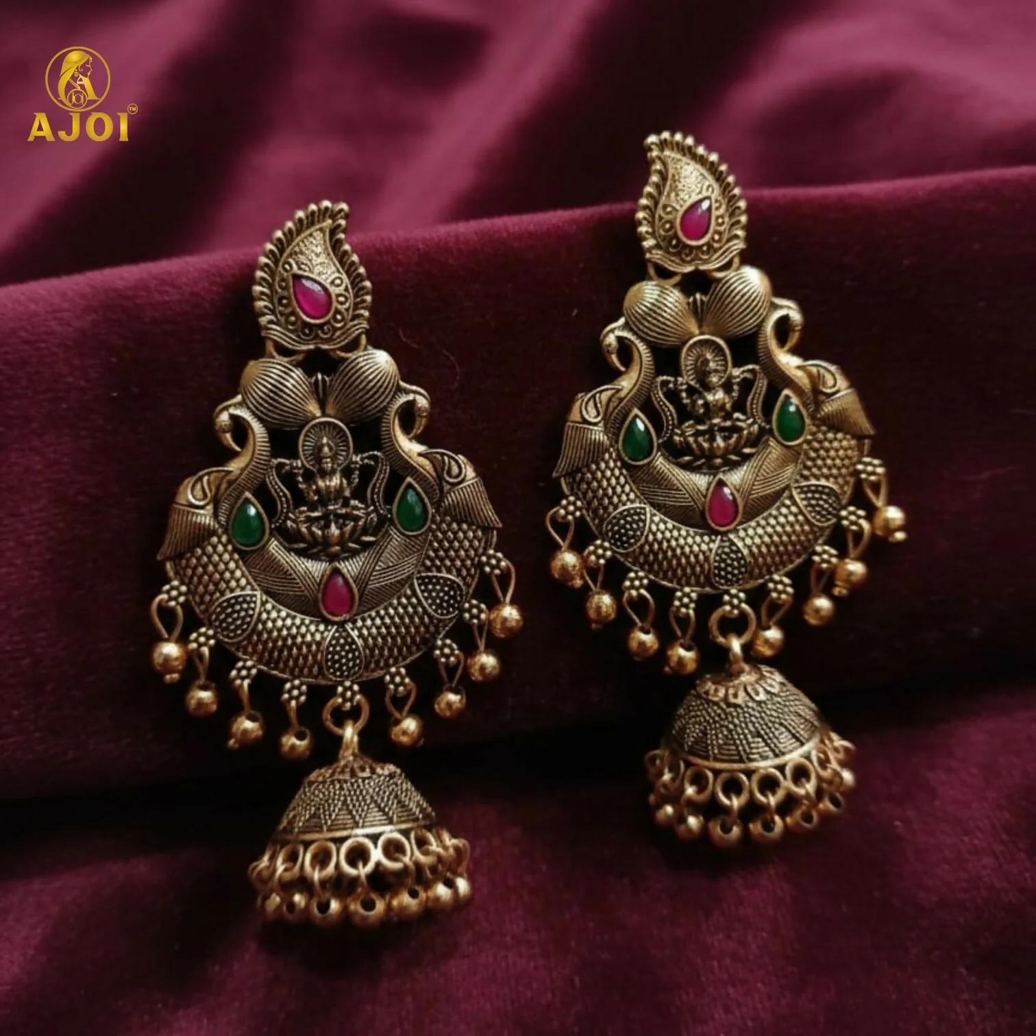 Premium Antique Gold Plated Temple Jhumka Earrings with Lakshmi Motif & Stone Work - Image 5