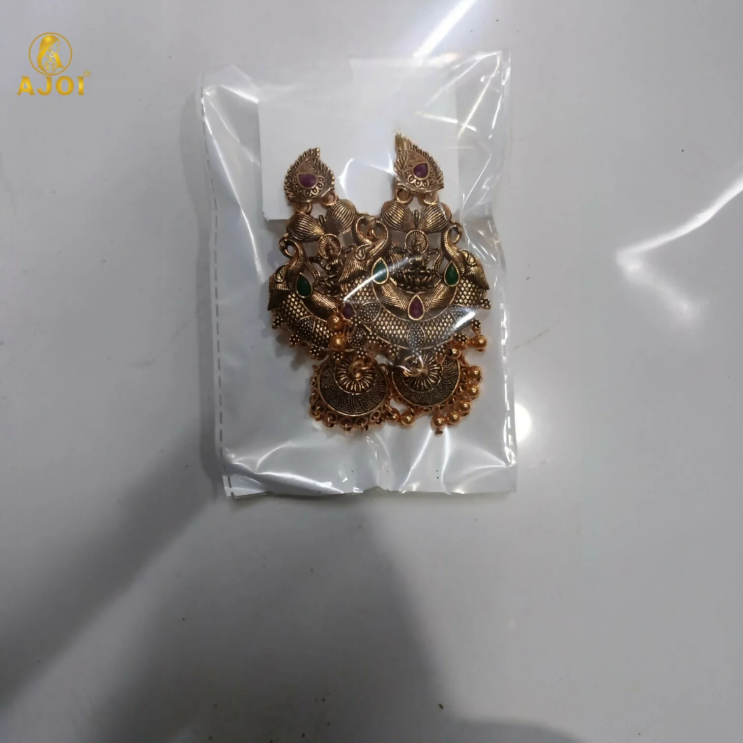 Premium Antique Gold Plated Temple Jhumka Earrings with Lakshmi Motif & Stone Work - Image 7