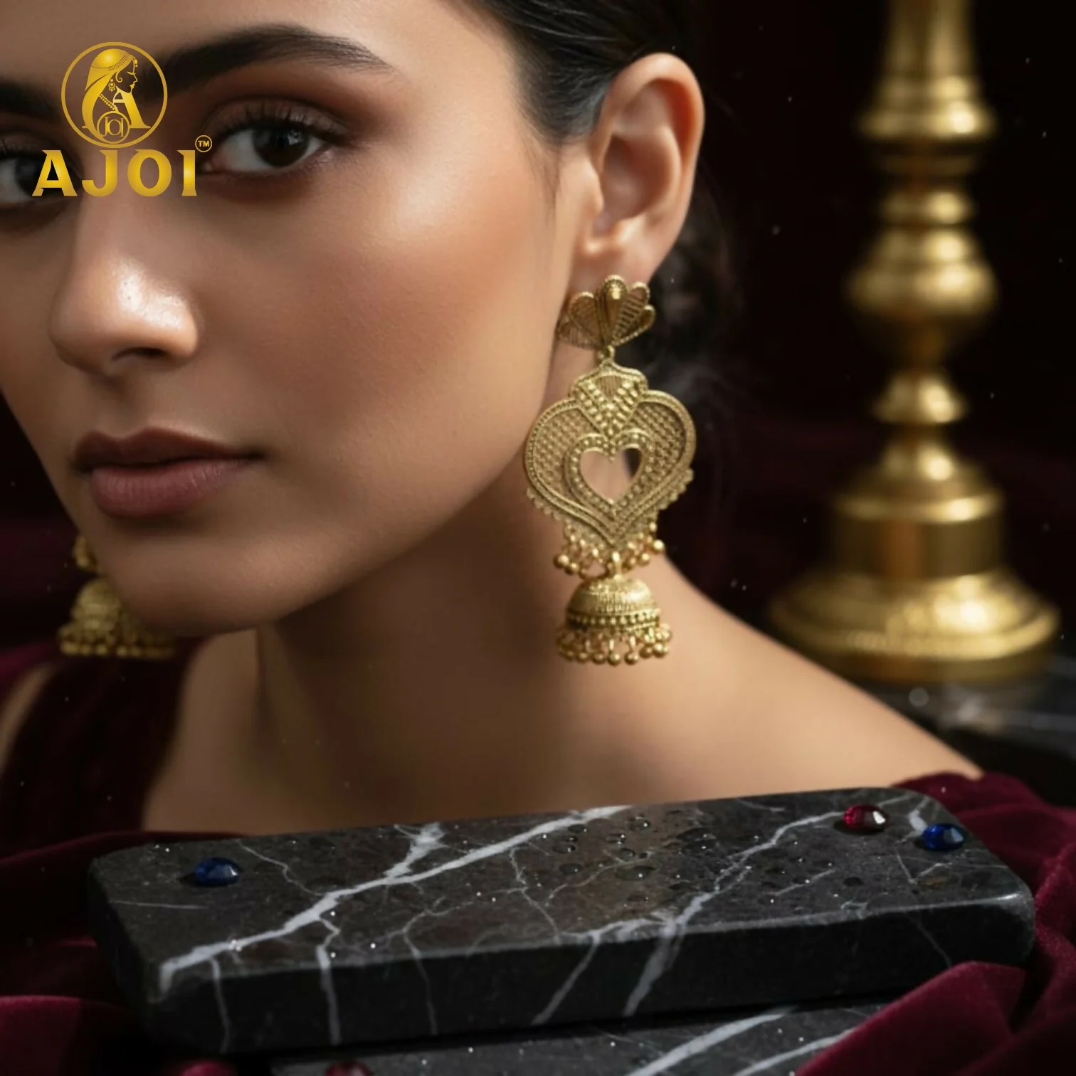 Premium Antique Heart Jhumka Earrings with Traditional Gold-Tone Detailing - Image 2