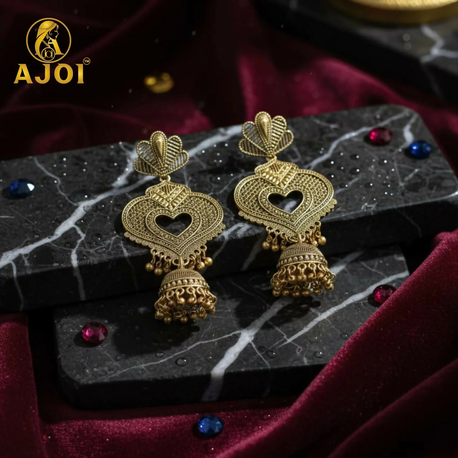 Premium Antique Heart Jhumka Earrings with Traditional Gold-Tone Detailing - Image 3