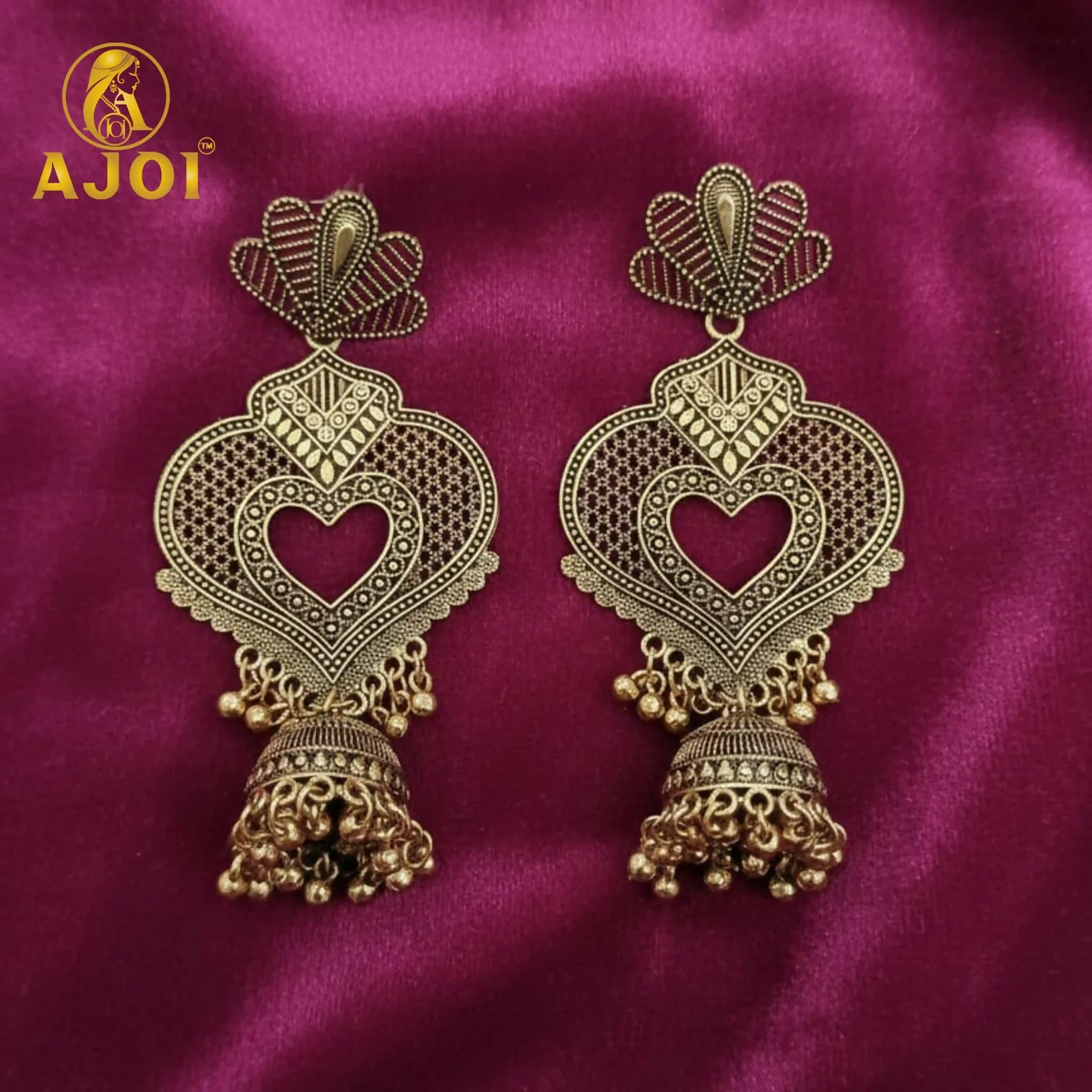 Premium Antique Heart Jhumka Earrings with Traditional Gold-Tone Detailing - Image 4