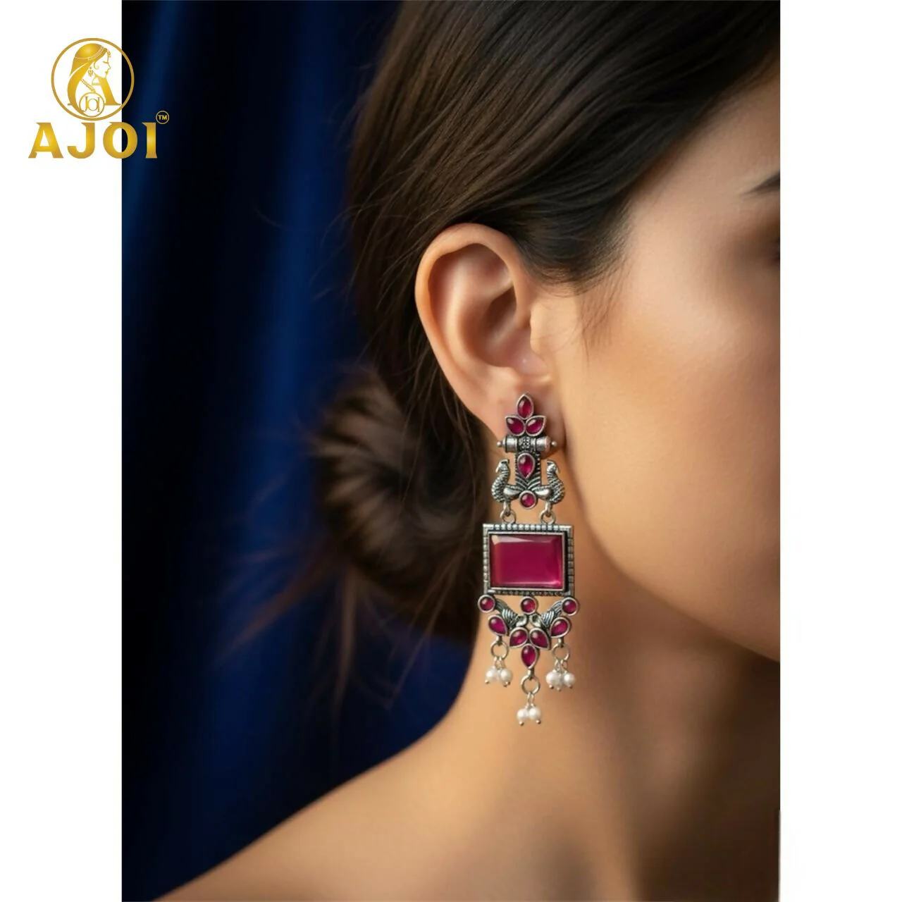 Premium Antique Silver Earrings with Pink Square Beads and Pearl Hangings. - Image 2