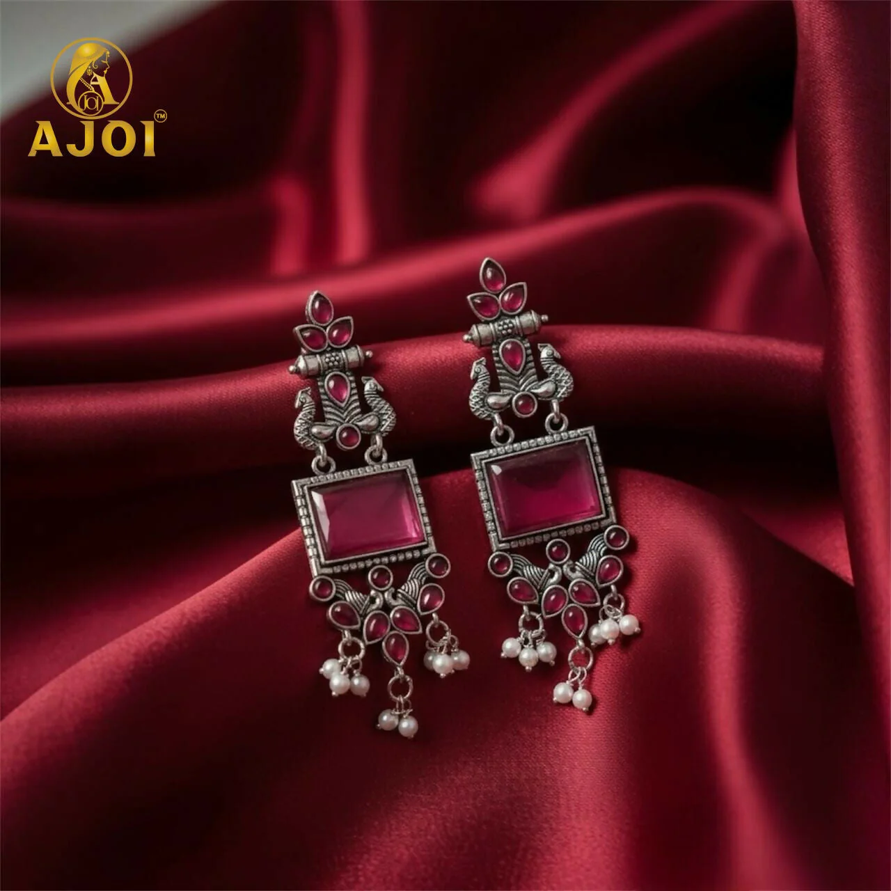 Premium Antique Silver Earrings with Pink Square Beads and Pearl Hangings. - Image 4