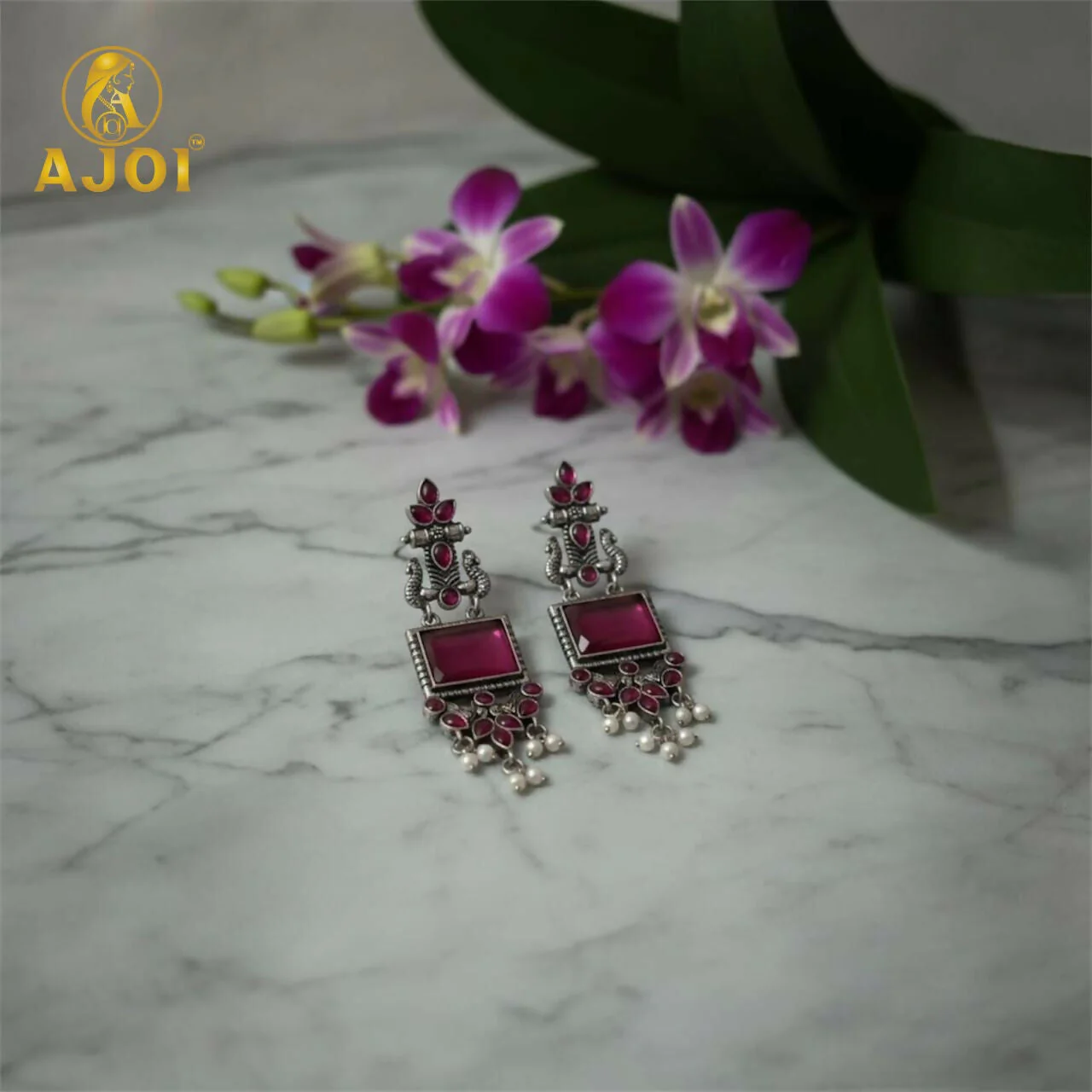 Premium Antique Silver Earrings with Pink Square Beads and Pearl Hangings. - Image 5