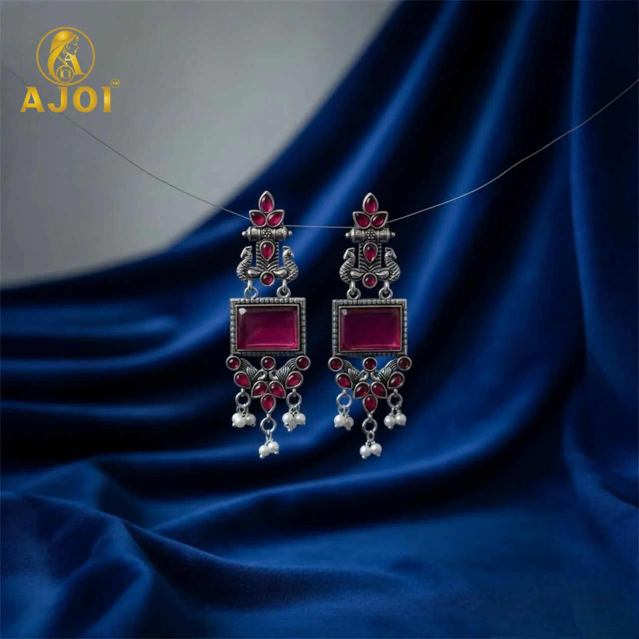 Premium Antique Silver Earrings with Pink Square Beads and Pearl Hangings. - Image 6