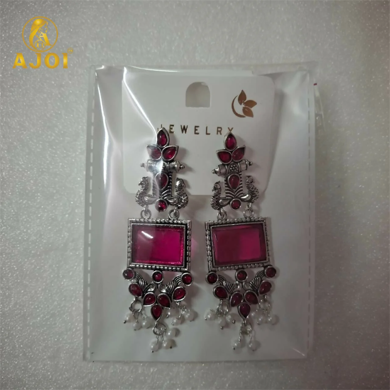 Premium Antique Silver Earrings with Pink Square Beads and Pearl Hangings. - Image 7
