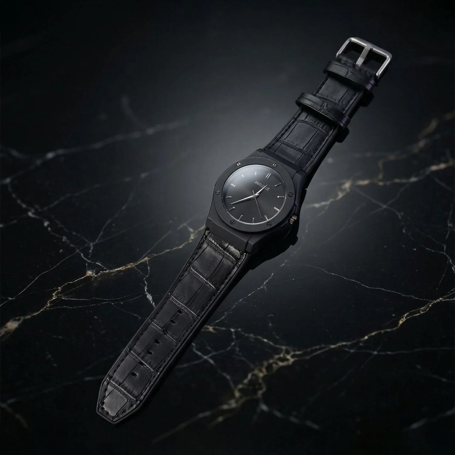 Premium Black Analog Wrist Watch with Classic Leather Strap for Men - Image 2