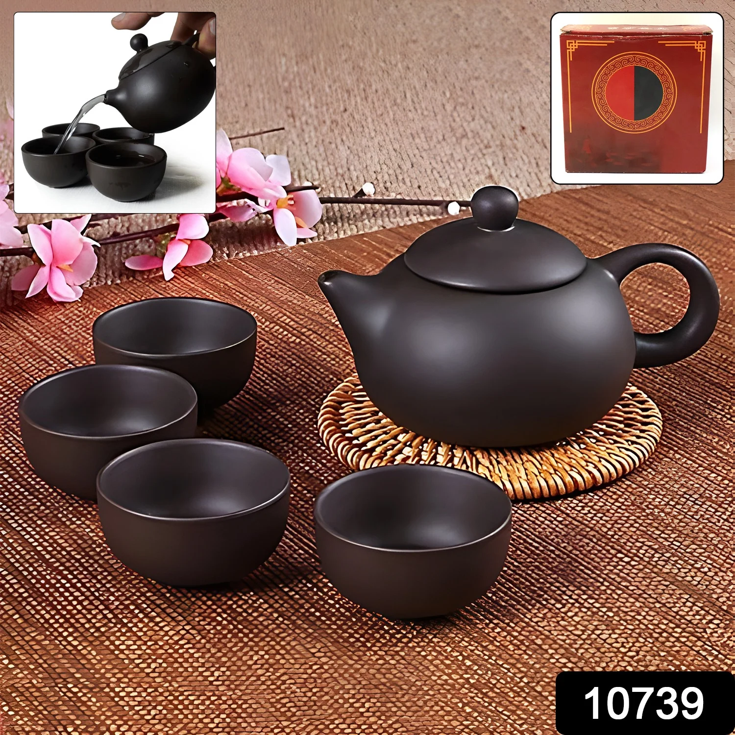 Premium Black Clay / Ceramic Tea Set with Teapot & 4 Cups - Image 2