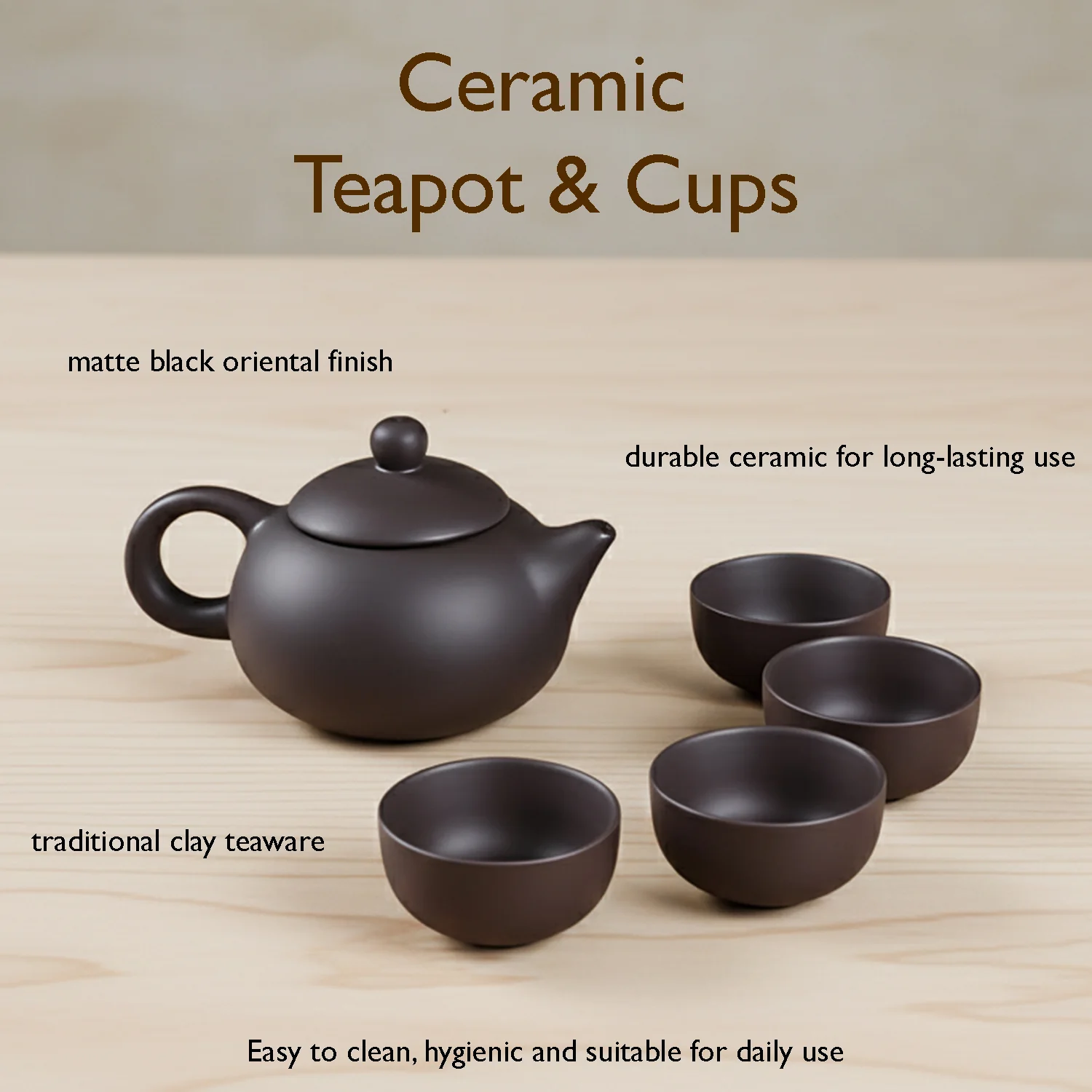 Premium Black Clay / Ceramic Tea Set with Teapot & 4 Cups - Image 4