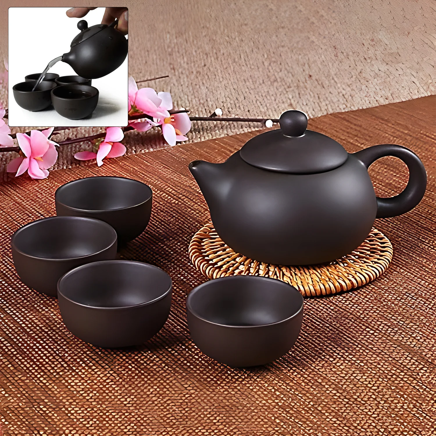 Premium Black Clay / Ceramic Tea Set with Teapot & 4 Cups - Image 6