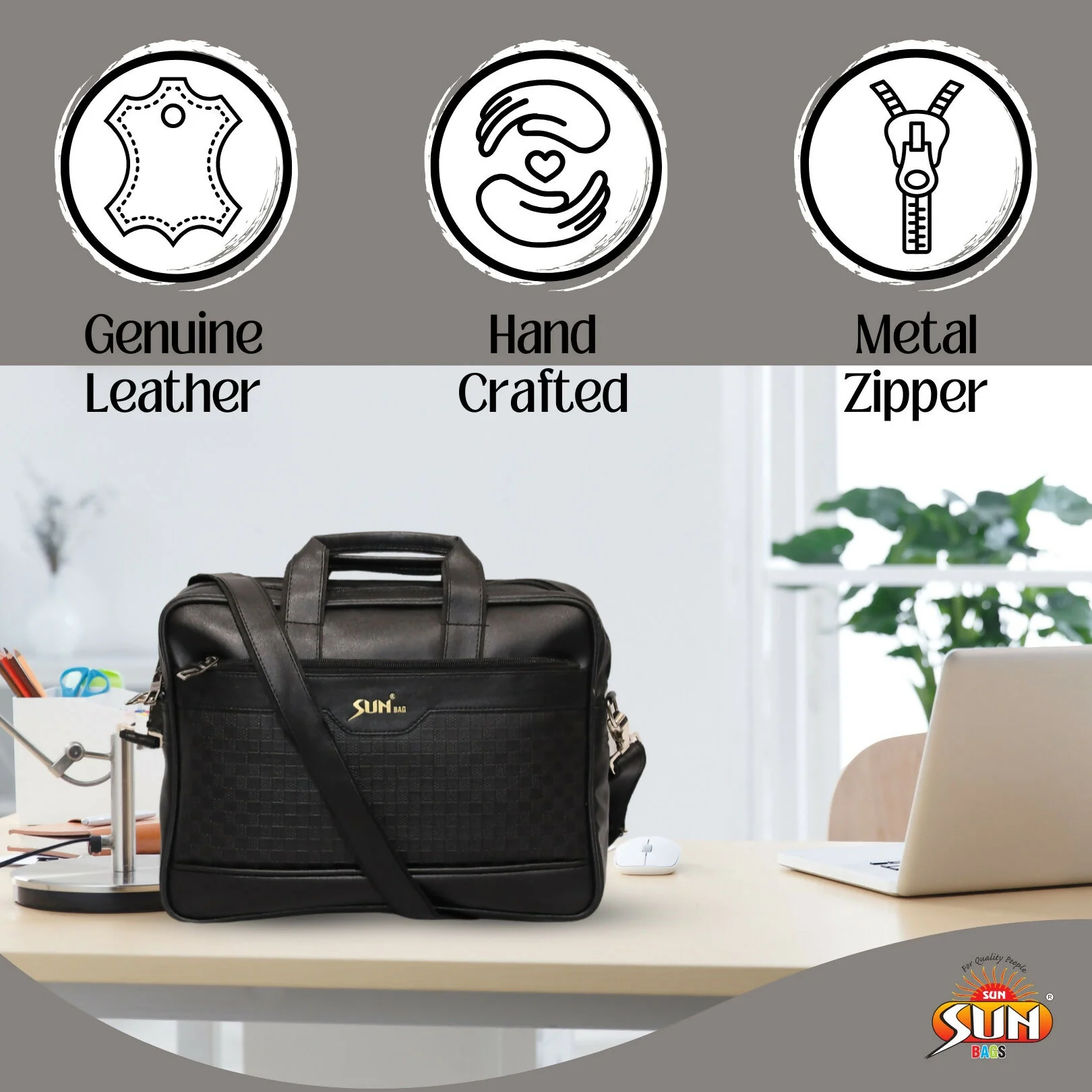 Premium Black Leather Laptop Bag with Shoulder Strap for Office & Travel - Image 3
