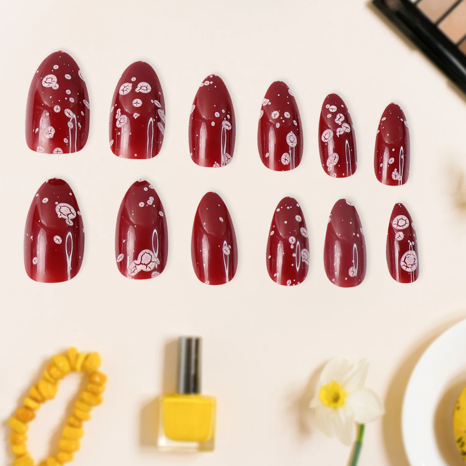 Premium Burgundy Artificial Nai fake nails- (Mix Design / 1 Set) - Image 3