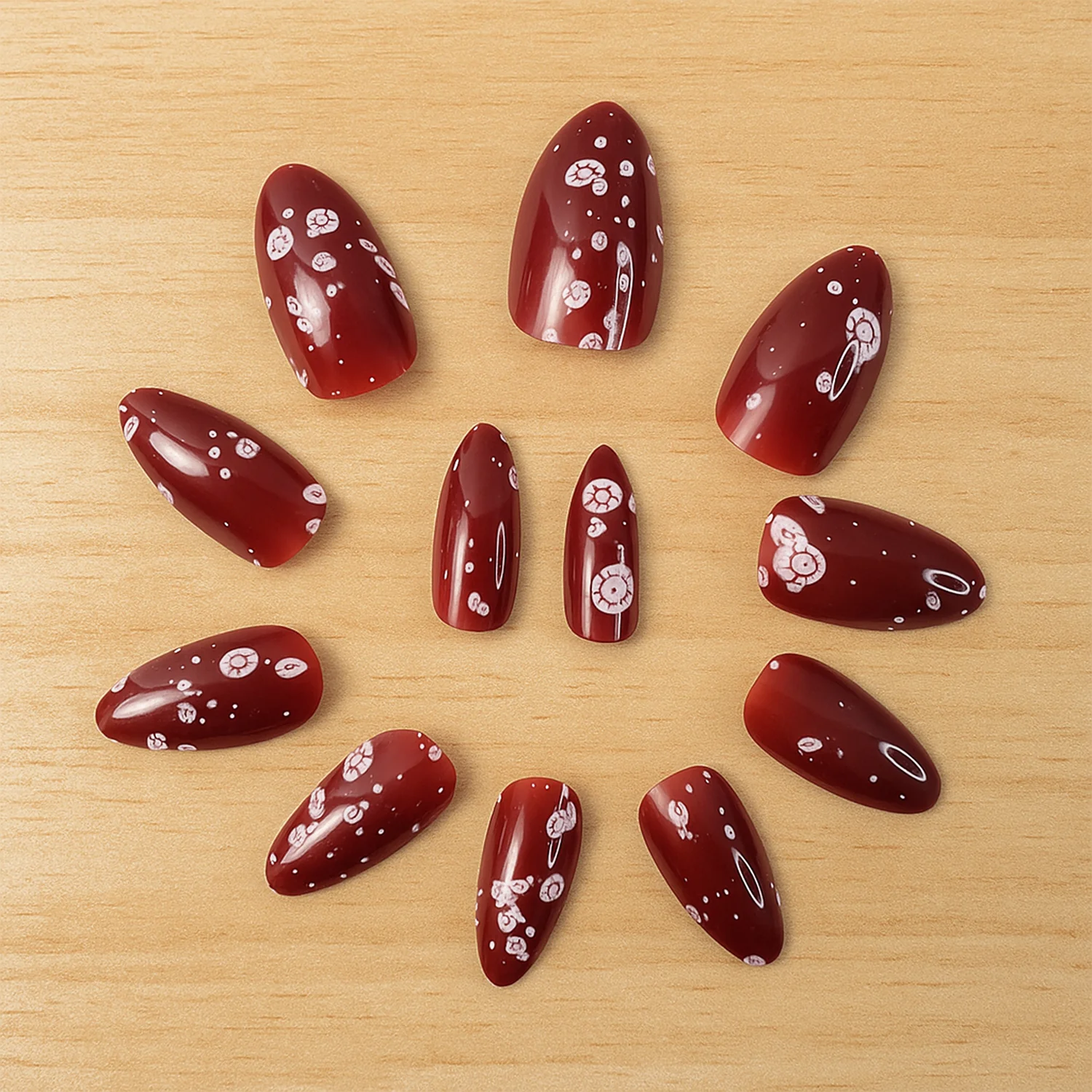 Premium Burgundy Artificial Nai fake nails- (Mix Design / 1 Set) - Image 4