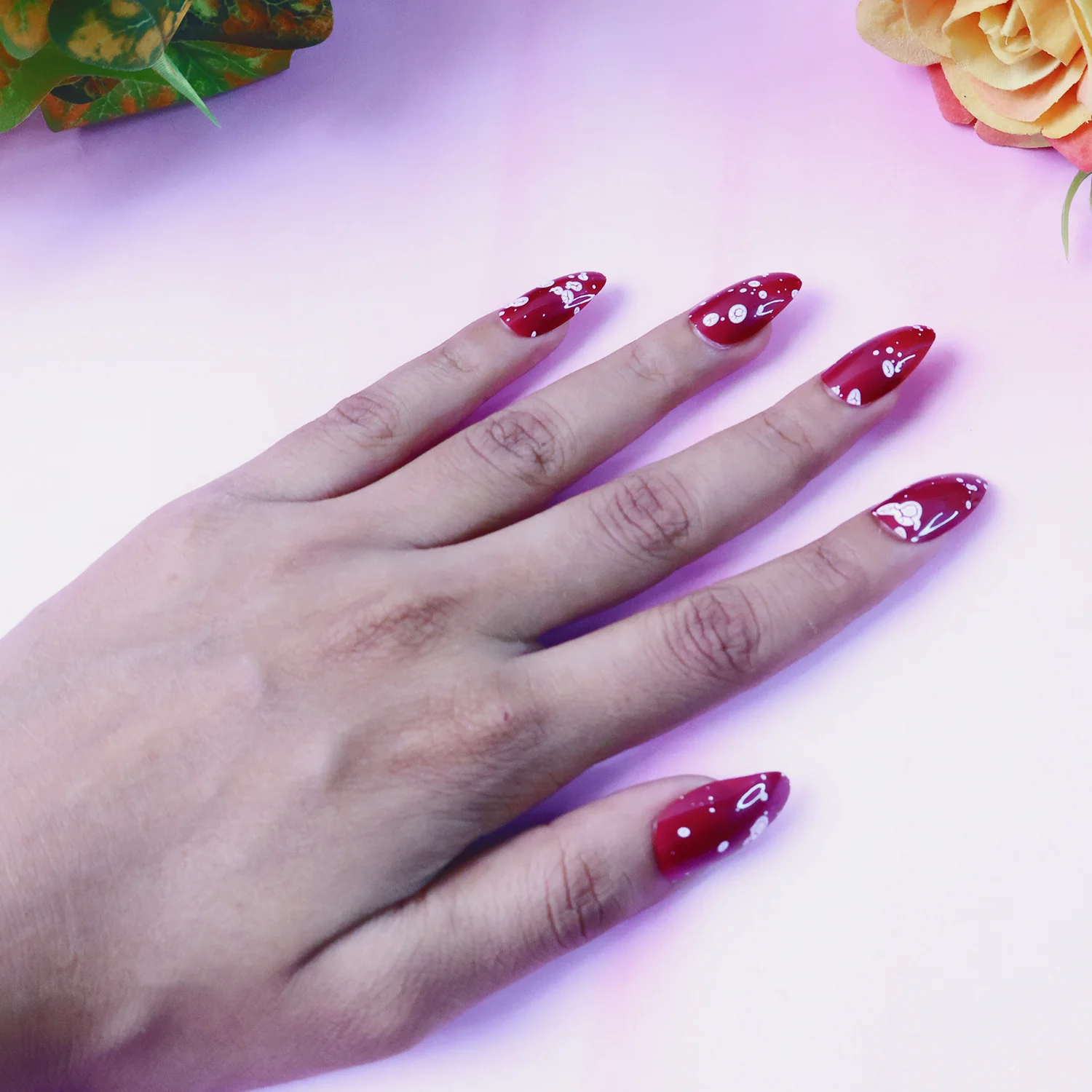 Premium Burgundy Artificial Nai fake nails- (Mix Design / 1 Set) - Image 6
