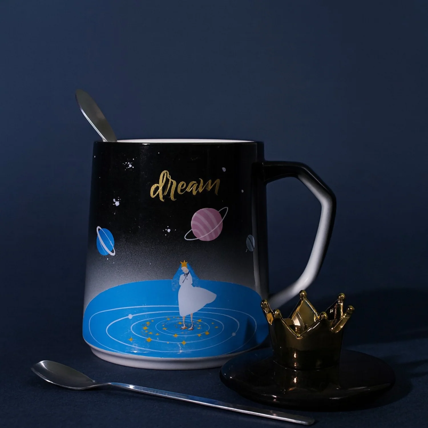 Premium Ceramic Dream Mug with Golden Crown Lid & Spoon | Luxury Galaxy Theme Coffee & Tea Cup for Home, Office & Gifting | Cute Designer Mug with Lid for Hot Beverages | Ideal Birthday, Anniversary & Festive Gift - Image 2