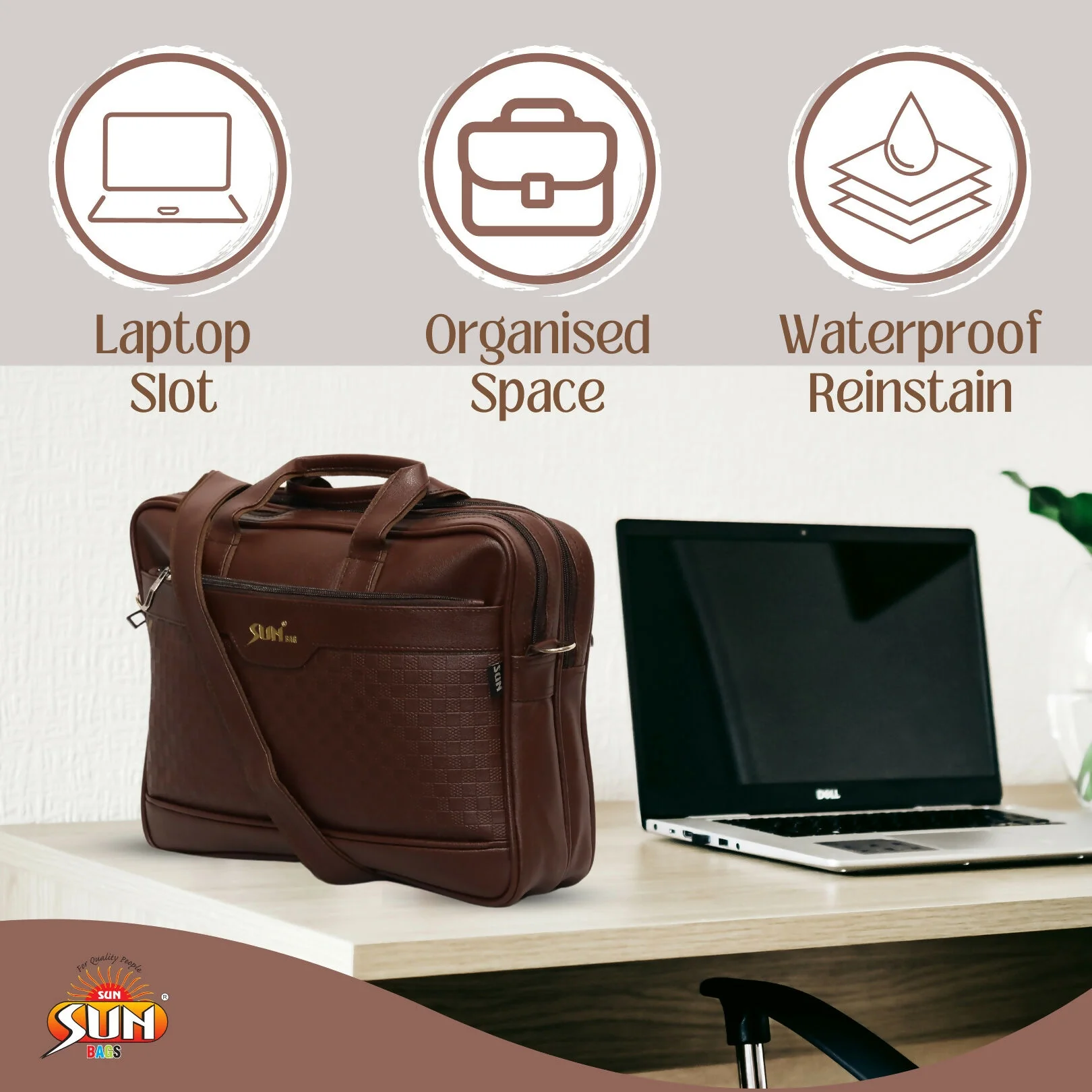Premium Coffee Leather Laptop Bag with Shoulder Strap for Office & Travel - Image 3