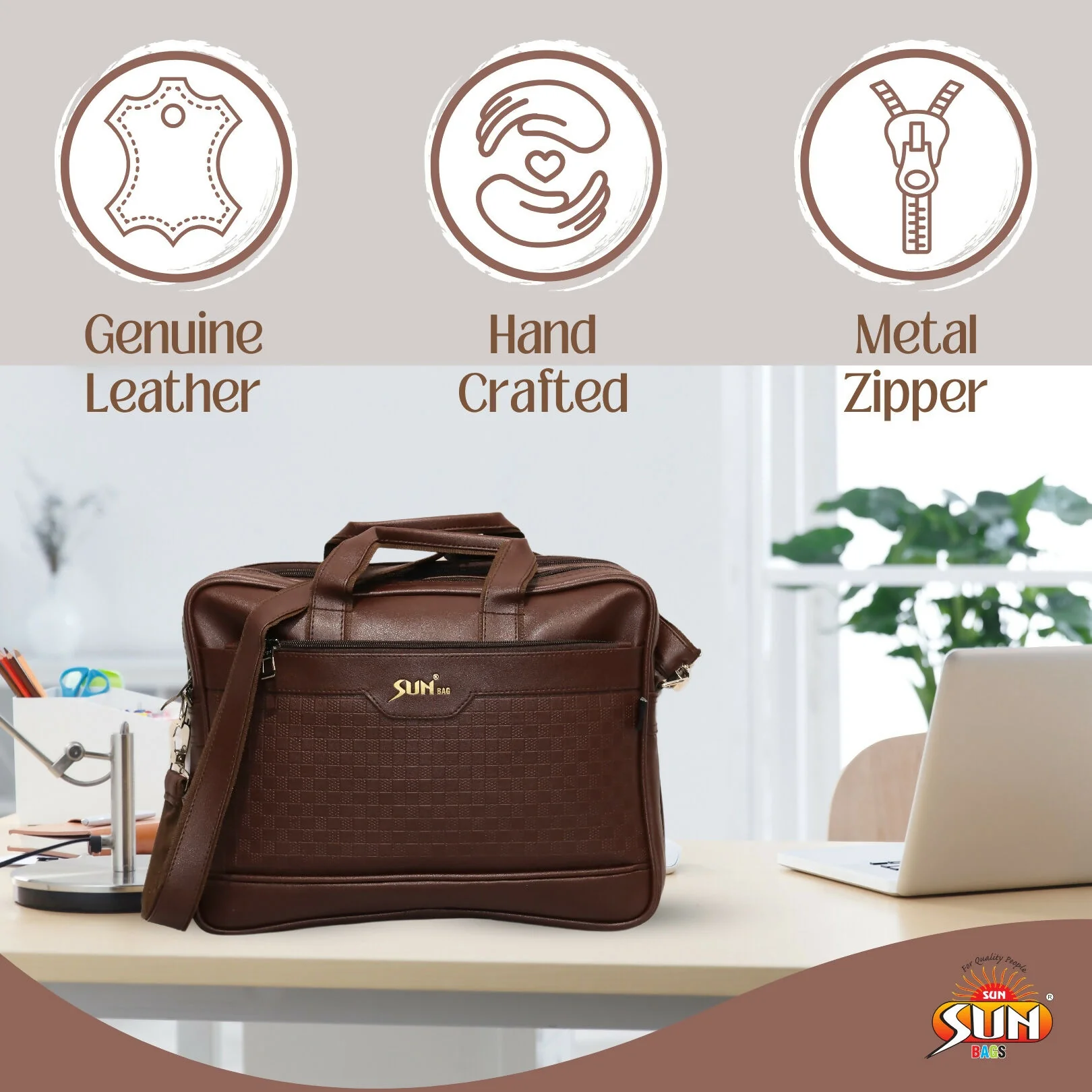 Premium Coffee Leather Laptop Bag with Shoulder Strap for Office & Travel - Image 6