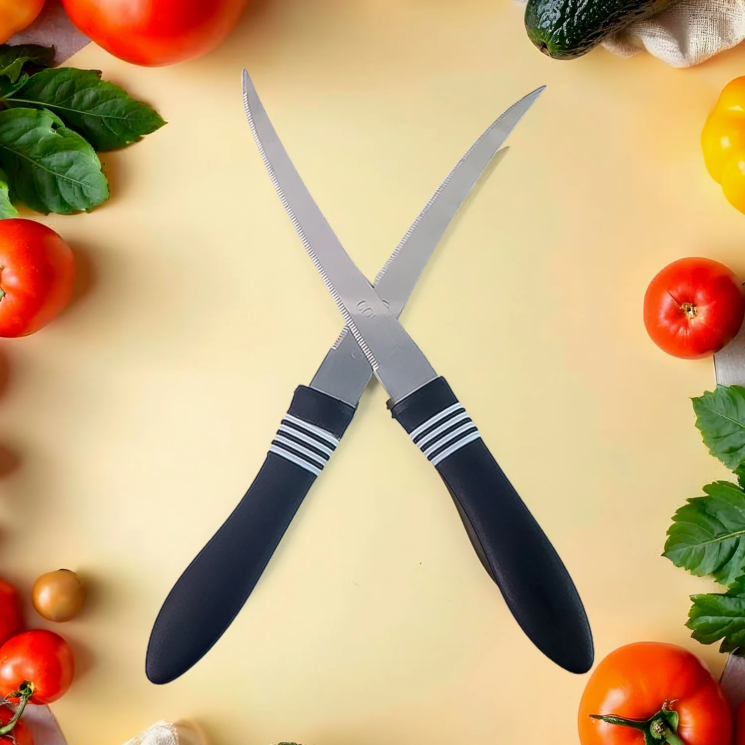 Premium Curved Serrated Stainless Steel Kitchen Knife Set (Mix Color & 2 Pc) - Image 3