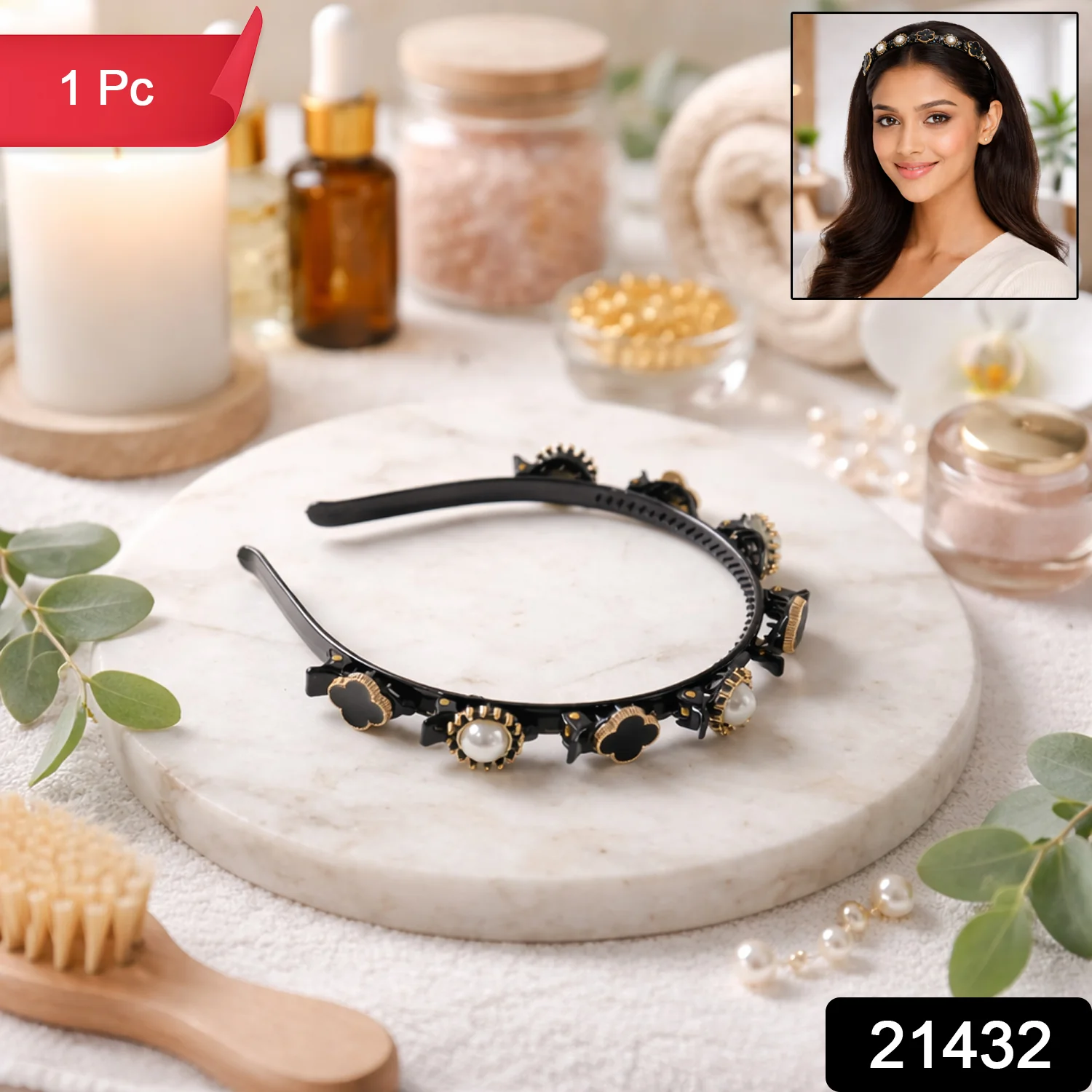 Premium Decorative Headband Stylish Black & Gold Finish Hair Band (1 Pc) - Image 2