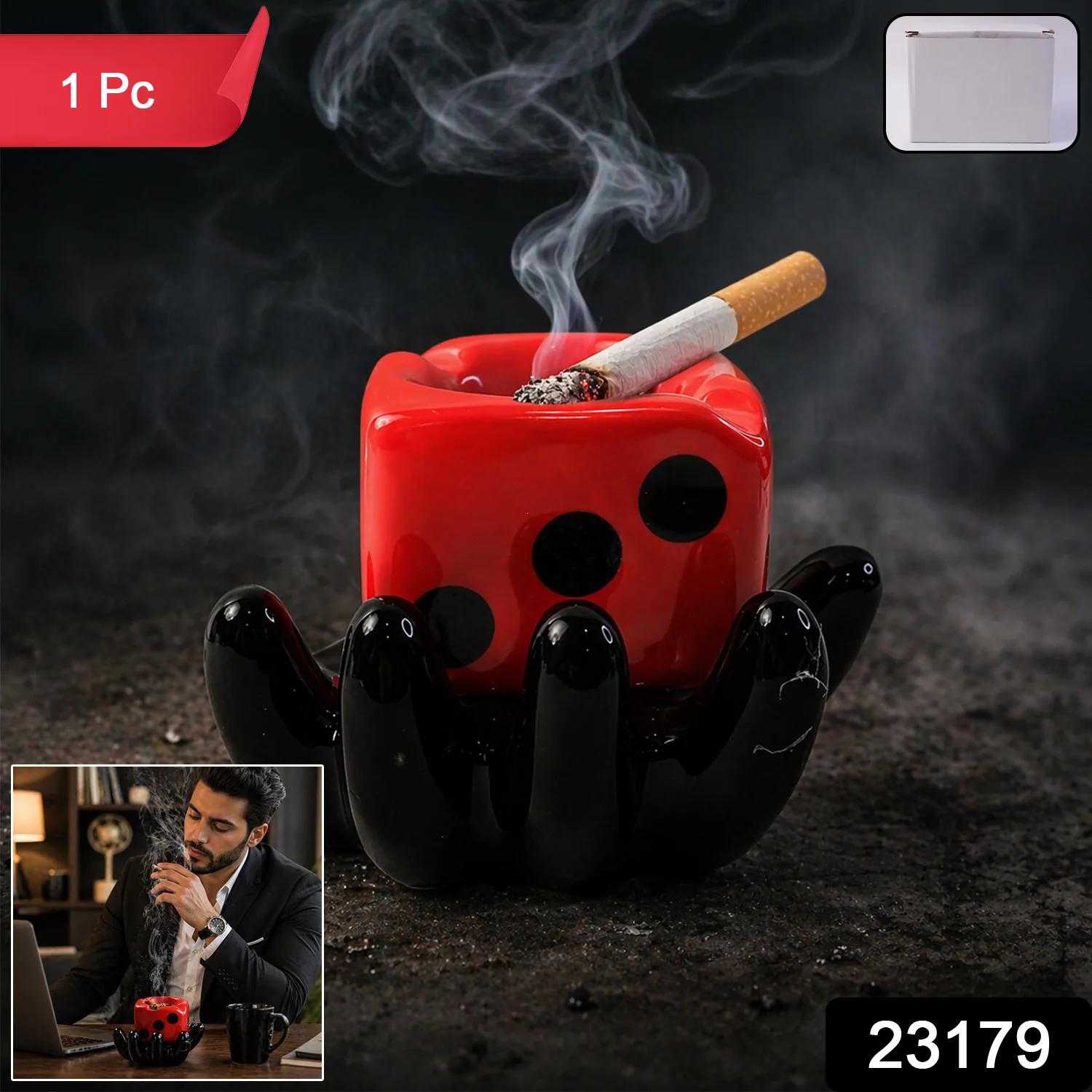 Premium Designer Ceramic Ashtray with Dice Shape Bowl (1 Pc) - Image 2