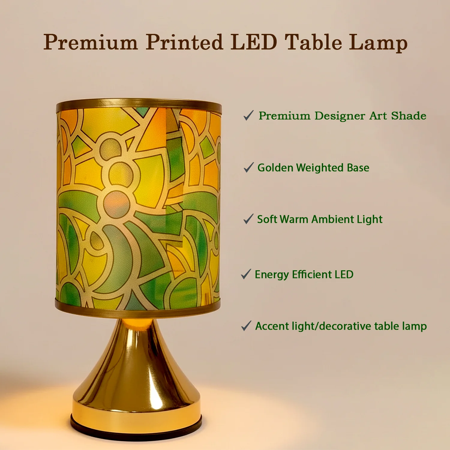 Premium Designer Printed LED Table Lamp for Home Décor | Artistic Pattern Fabric Shade with Golden Base | Soft Ambient Night Lamp for Bedroom, Living Room, Study & Gifting | Energy Efficient Warm Light - Image 4