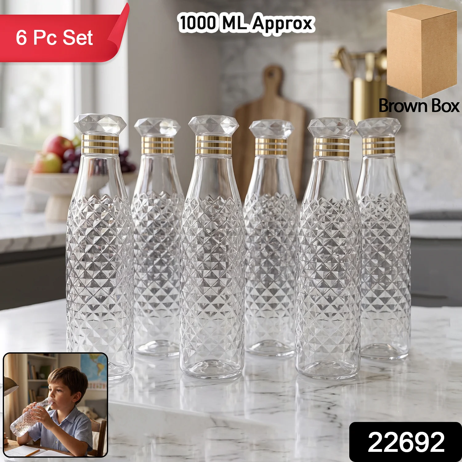 Premium Designer Transparent Water Bottle Set (6 Pc Set, 1000 ML Approx) - Image 2
