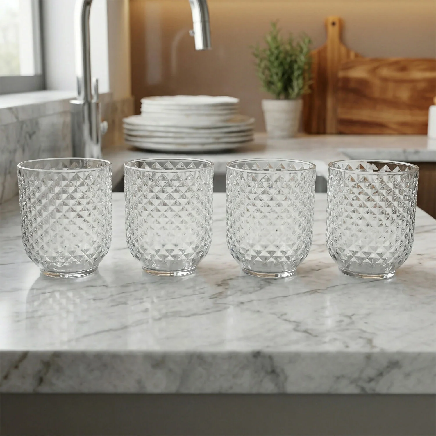 Premium Diamond Textured Plastic Glass Set Crystal Clear Tumblers for Drinks (4 Pc) - Image 2