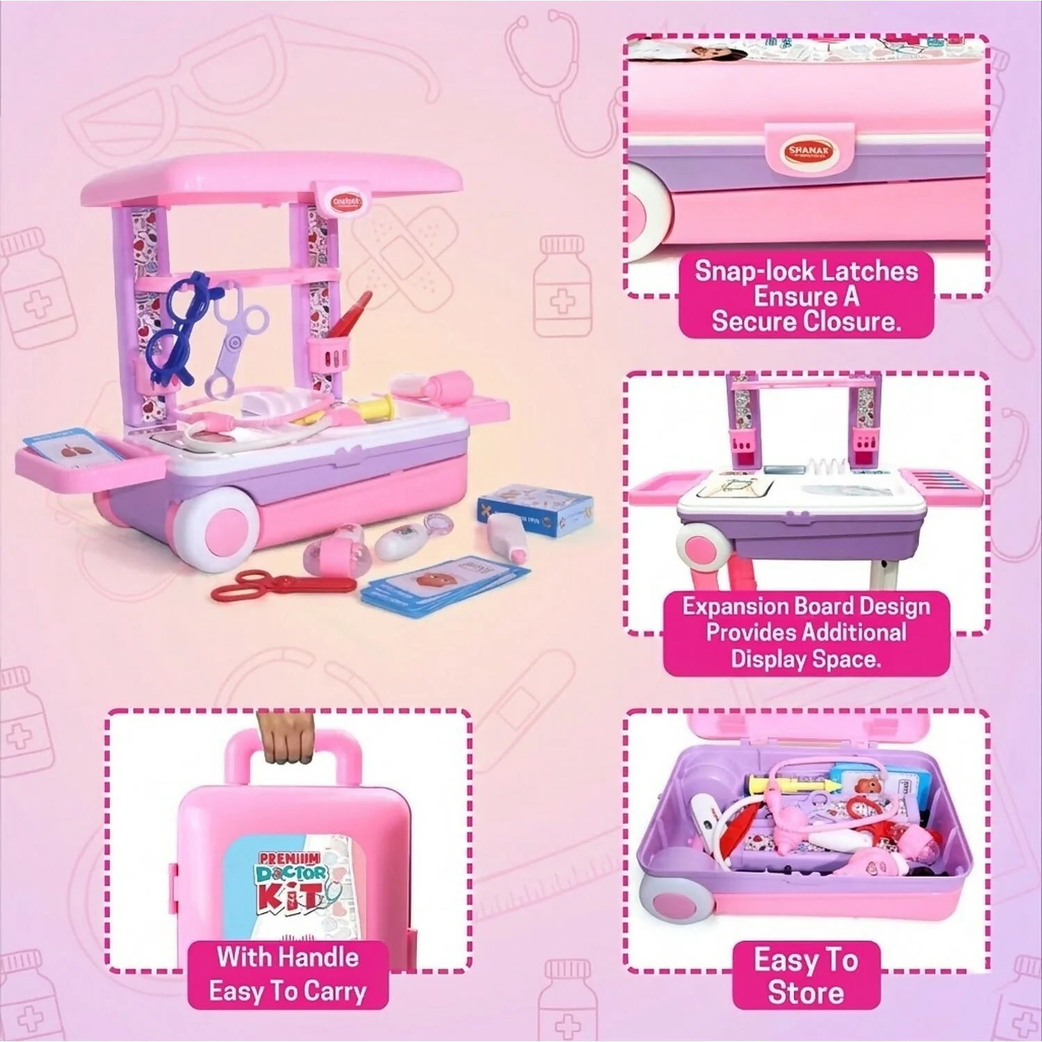Premium Doctor Set with Pull & Push Trolley for Kids,Doctor Set with LED Light Instruments, 13 Piece Doctor Kit, BIS Approved (Pink) - Image 4