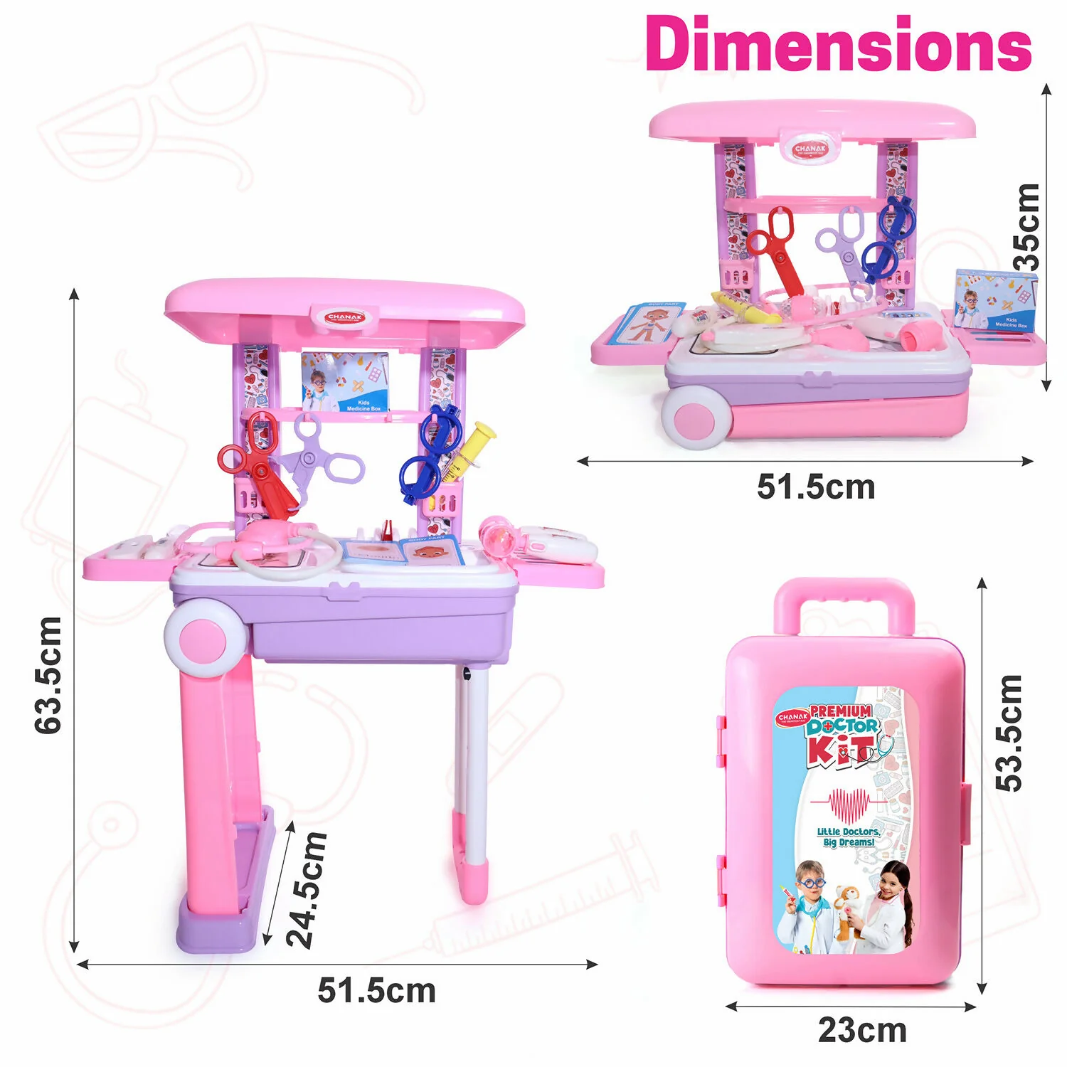 Premium Doctor Set with Pull & Push Trolley for Kids,Doctor Set with LED Light Instruments, 13 Piece Doctor Kit, BIS Approved (Pink) - Image 5