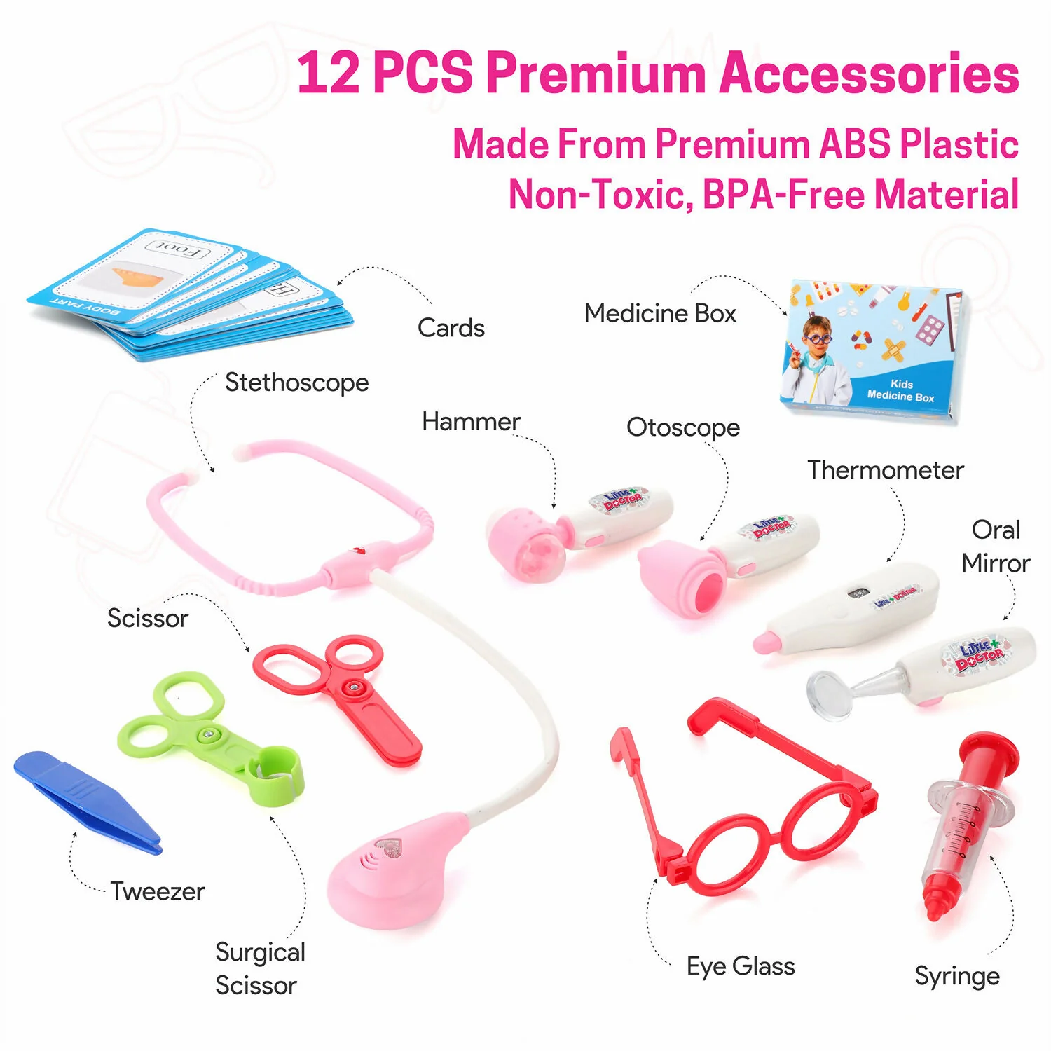 Premium Doctor Set with Pull & Push Trolley for Kids,Doctor Set with LED Light Instruments, 13 Piece Doctor Kit, BIS Approved (Pink) - Image 7